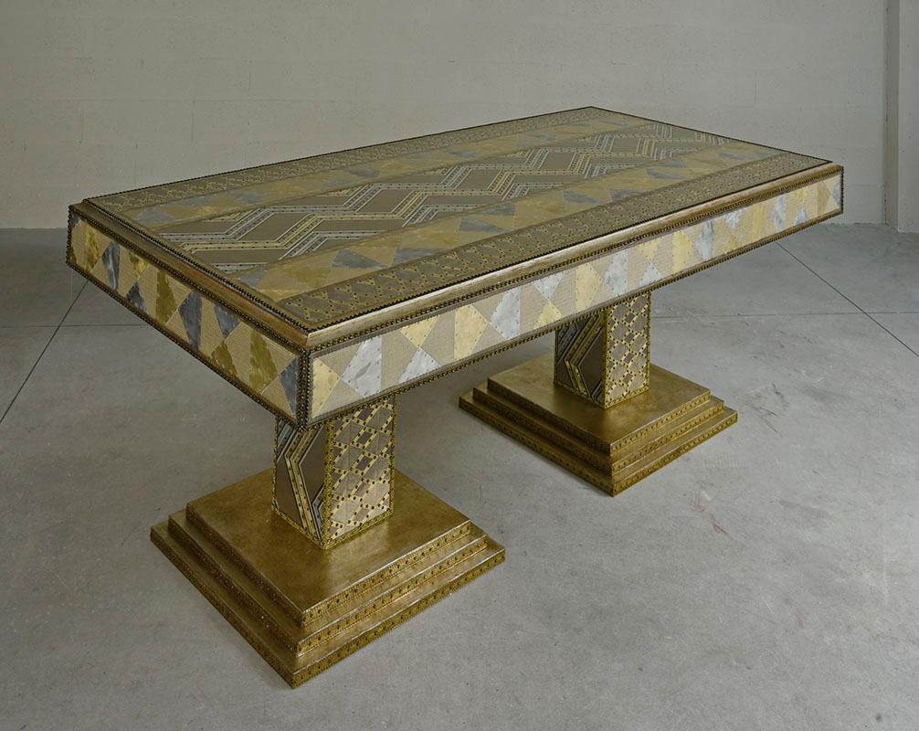 Italian Contemporary Valentina Giovando Table Wood Fabric Zinc Brass Gold Silver Bronze For Sale