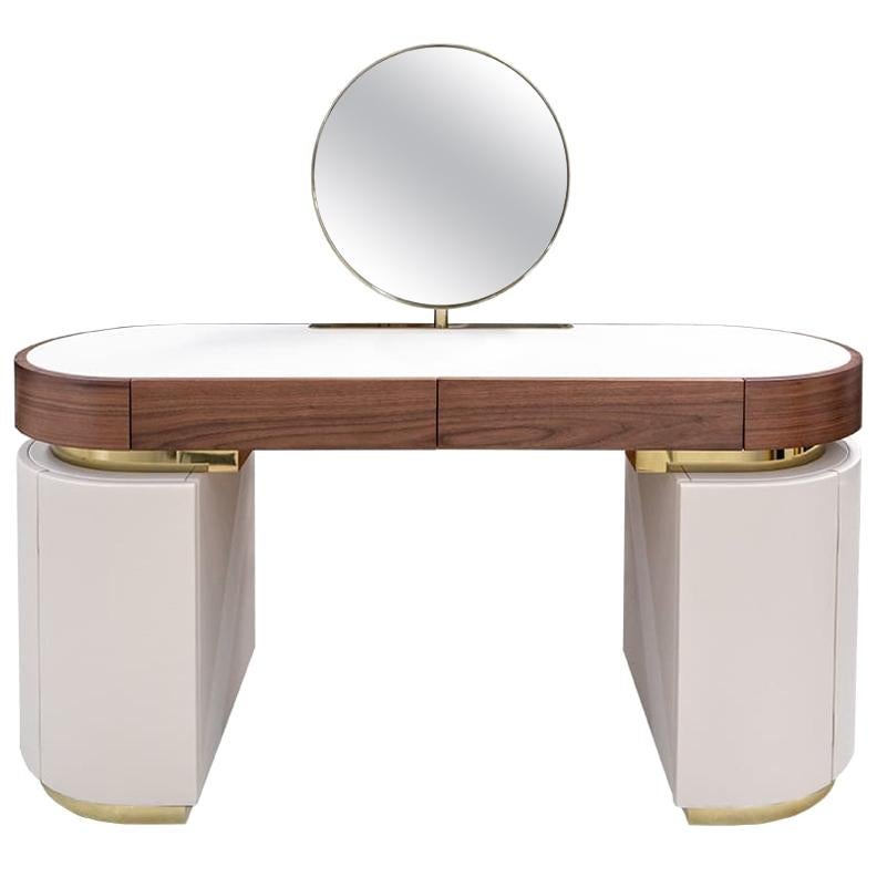 Art Deco Modern Vanity Dressing Table Round Mirror Leather & Walnut Wood  For Sale