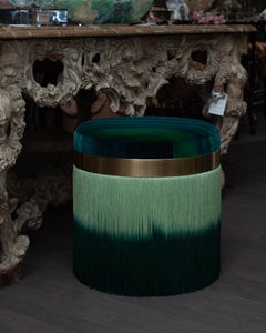 Contemporary Variegated Velvet Ottoman with Brass Trim and Fringe