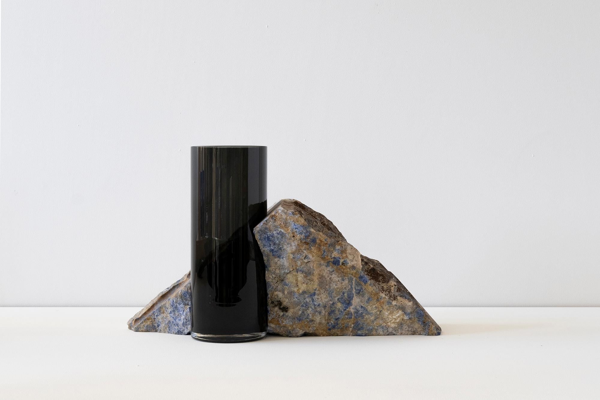 Modern Contemporary Vase, Blue Bahia Granite Black Glass Cylinder, by Erik Olovsson For Sale