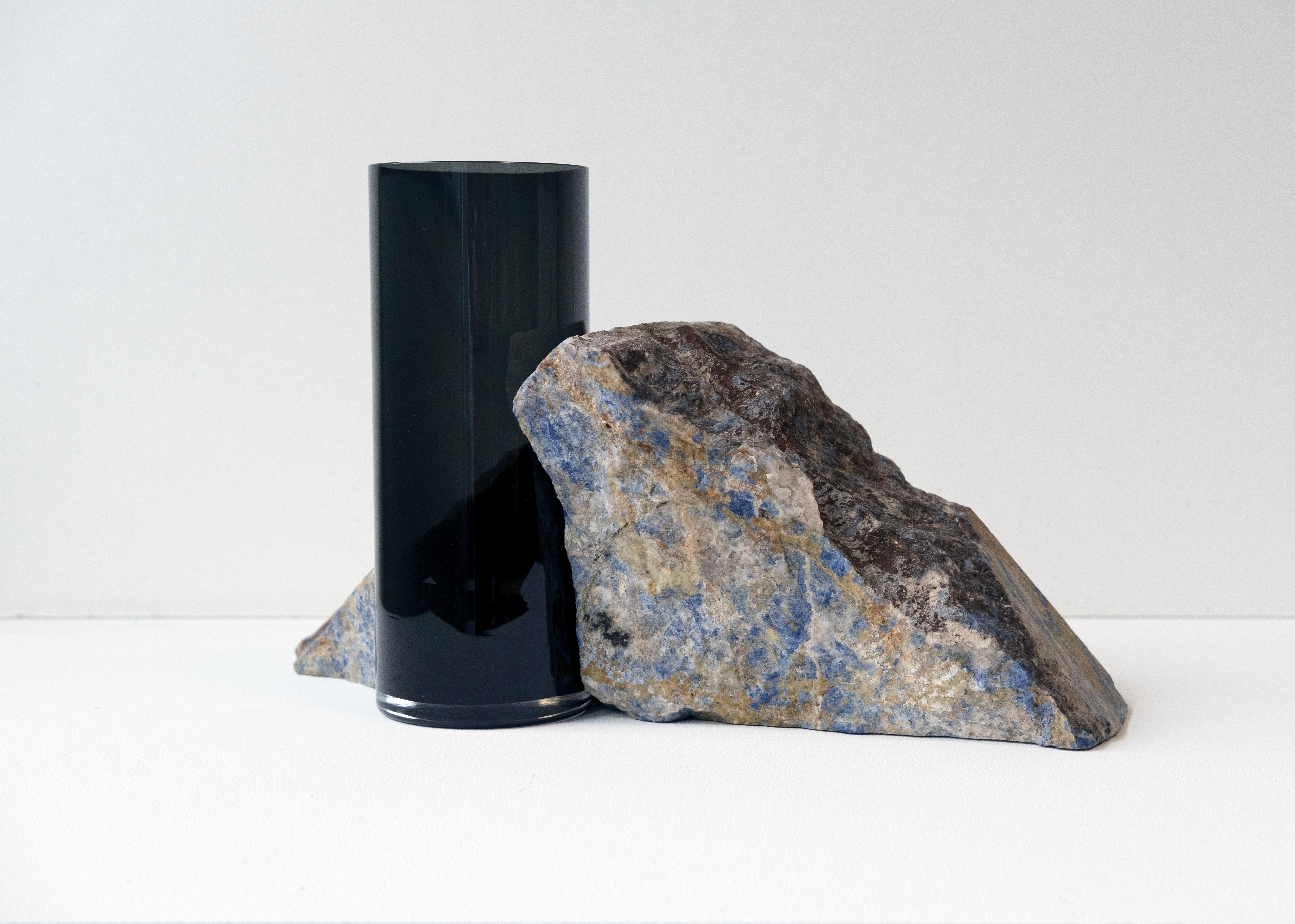 Italian Contemporary Vase, Blue Bahia Granite Black Glass Cylinder, by Erik Olovsson For Sale