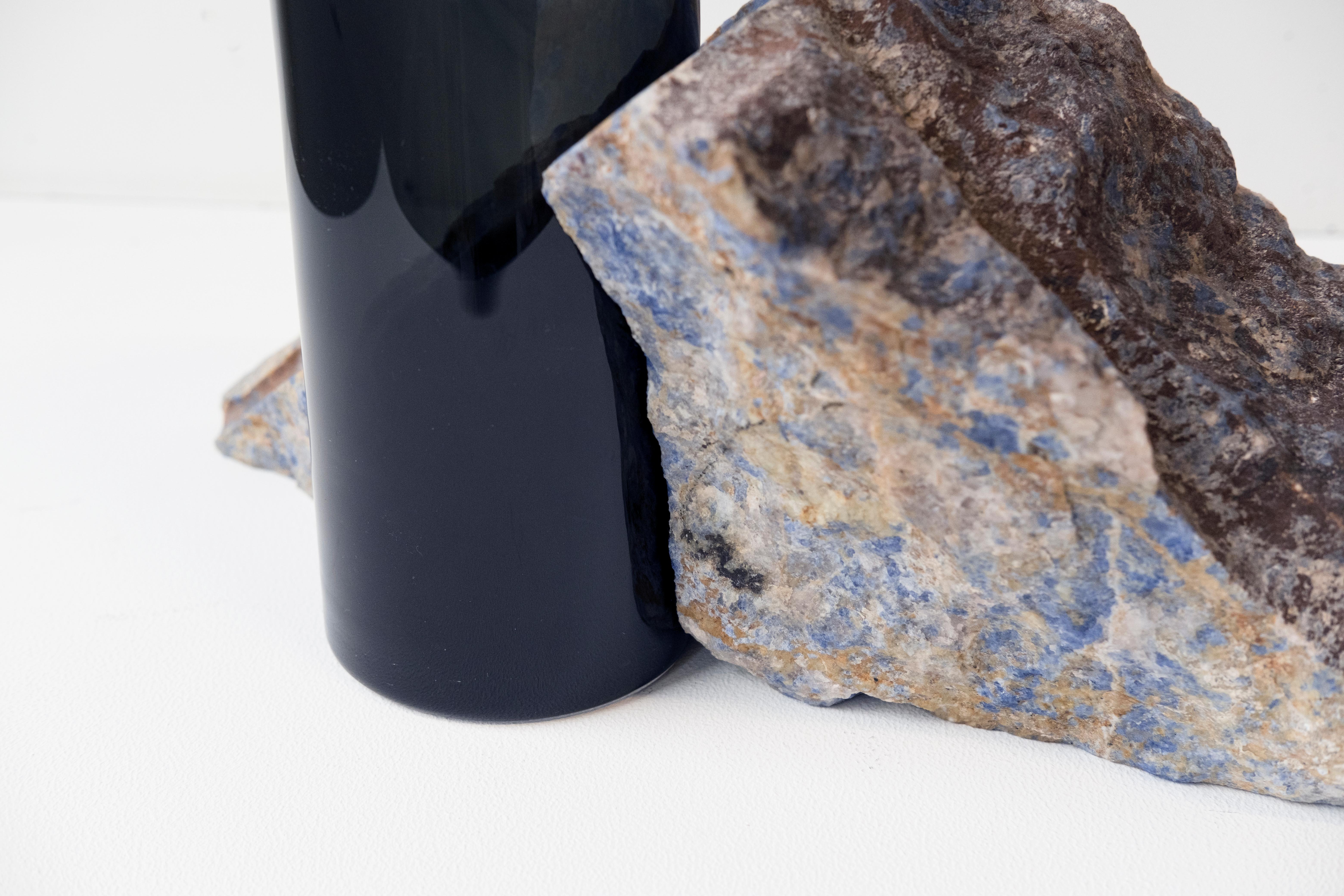 Siena Marble Contemporary Vase, Blue Bahia Granite Black Glass Cylinder, by Erik Olovsson For Sale