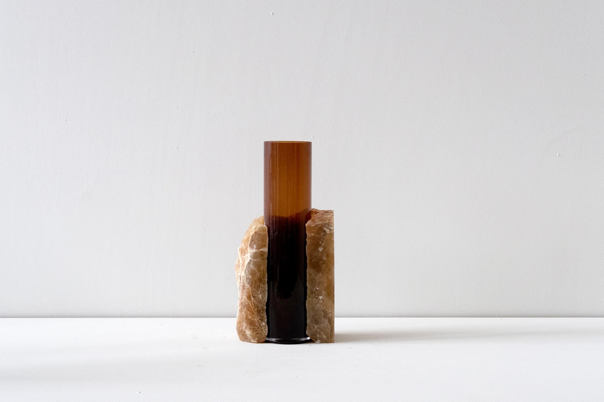 Modern Contemporary Vase, Brown Onice and Glass Brown Glass Cylinder, by Erik Olovsson