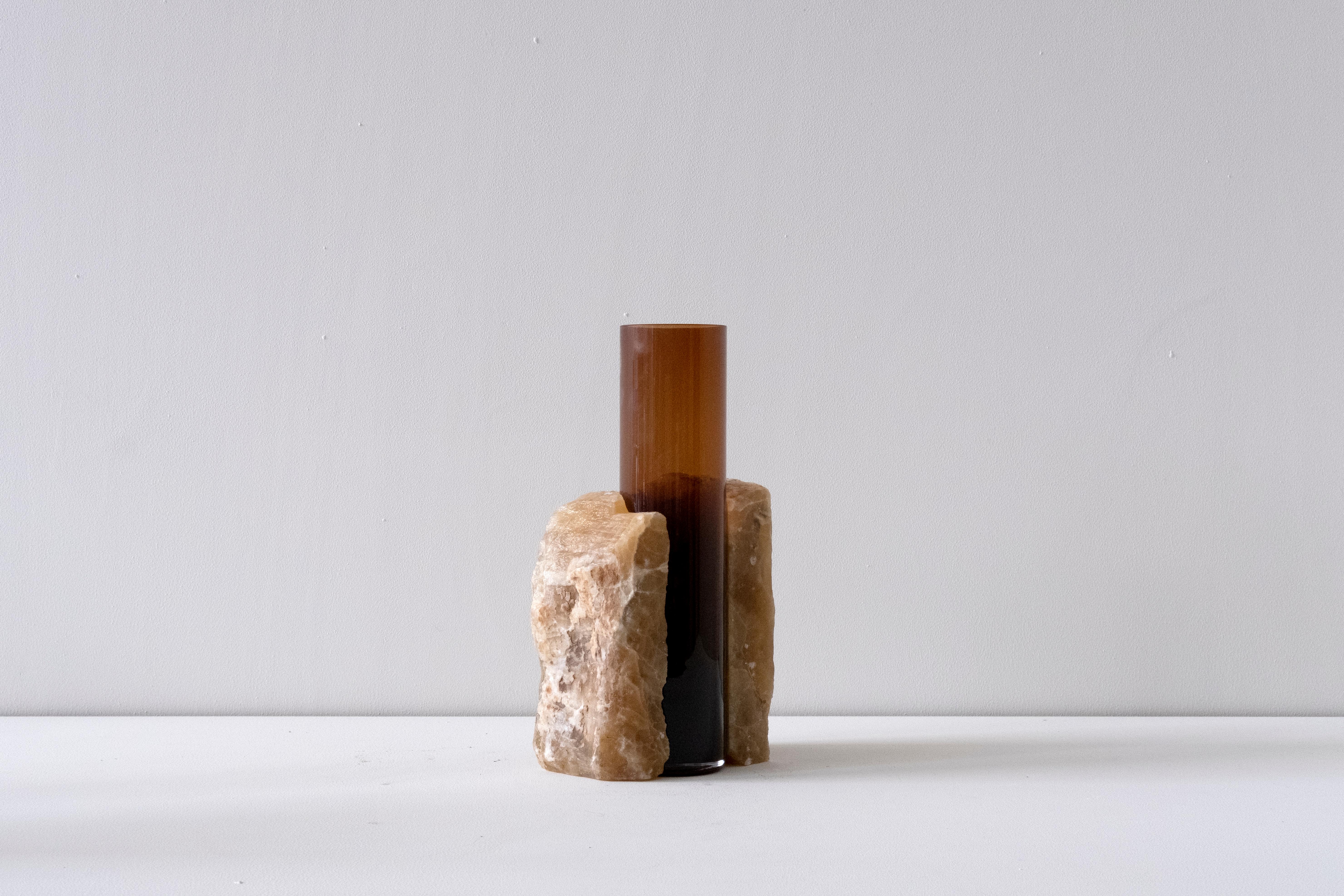 Contemporary Vase, Brown Onice and Glass Brown Glass Cylinder, by Erik Olovsson In New Condition In Stockholm, SE