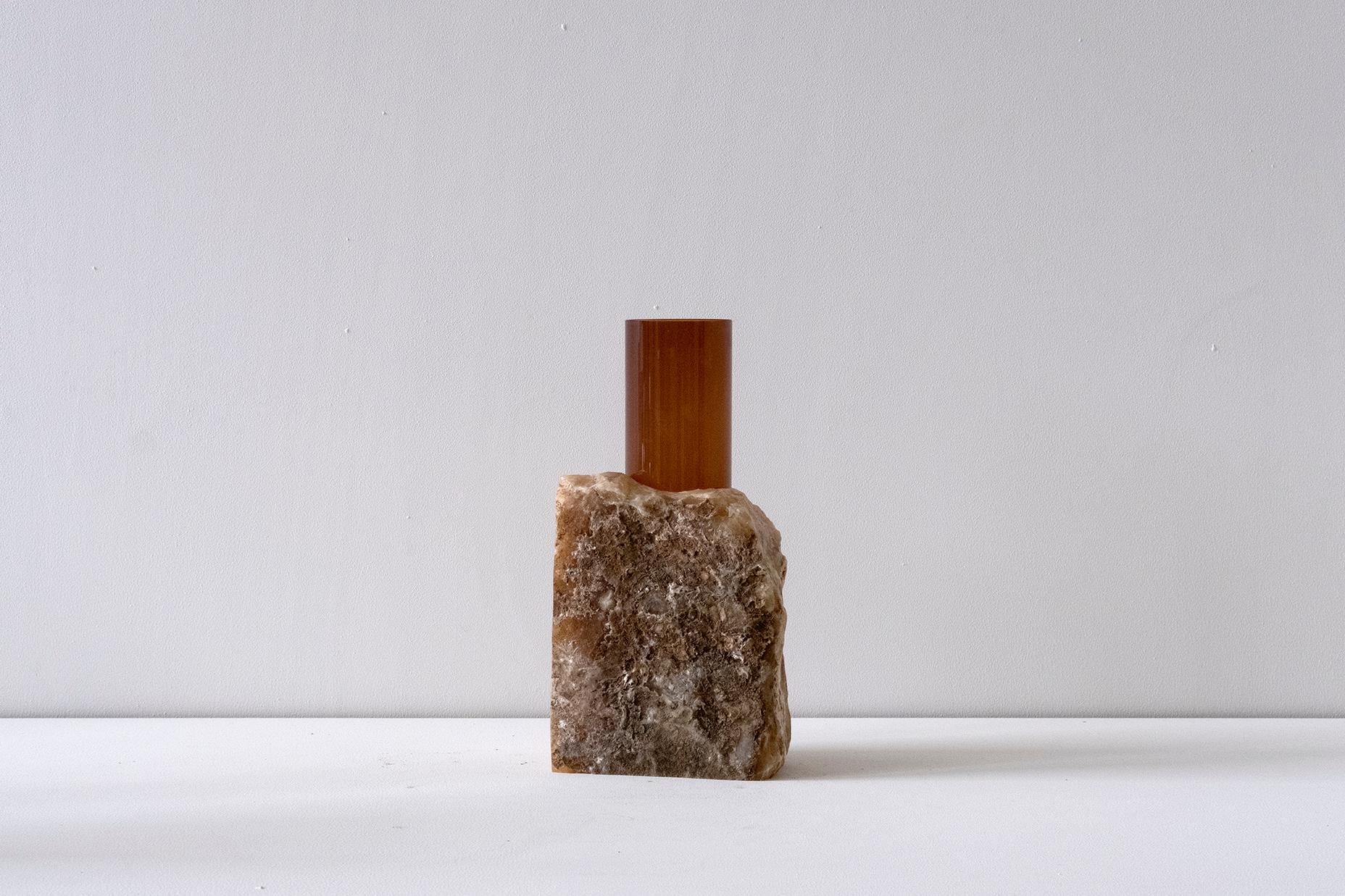 Blown Glass Contemporary Vase, Brown Onice and Glass Brown Glass Cylinder, by Erik Olovsson