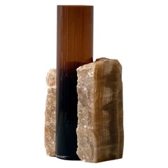 Contemporary Vase, Brown Onice and Glass Brown Glass Cylinder, by Erik Olovsson