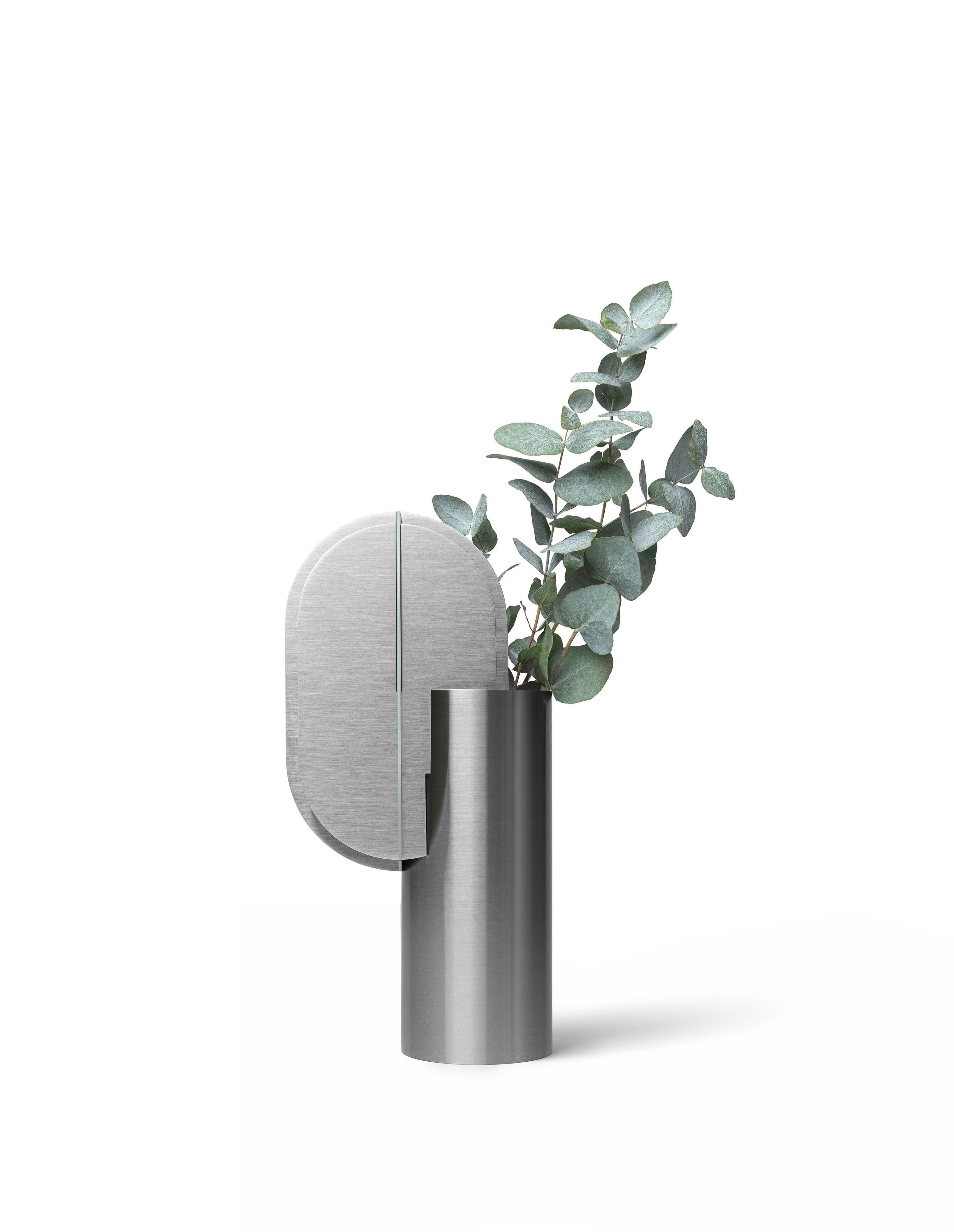Organic Modern Contemporary Vase 'Gabo CS11' by Noom, Brushed Stainless Steel For Sale
