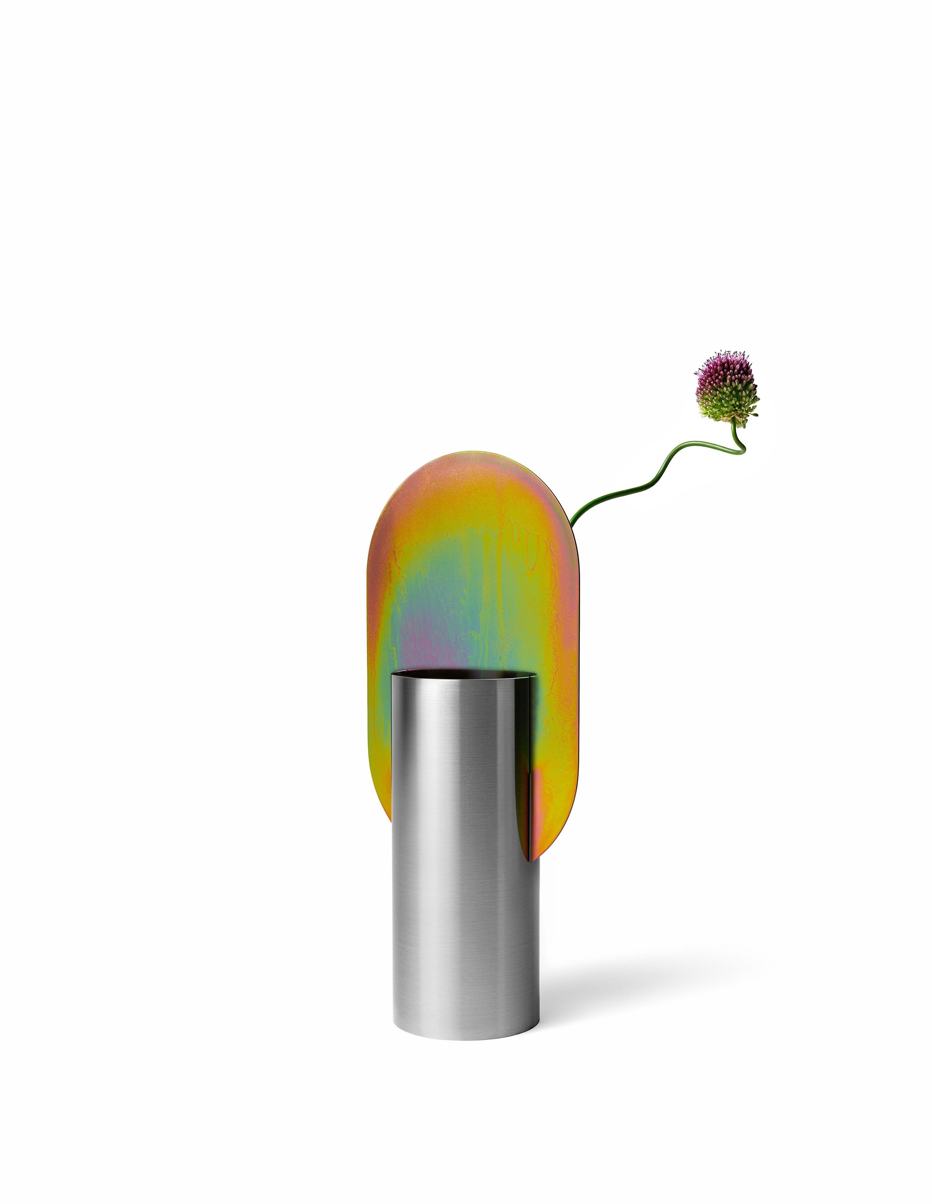 Brushed Contemporary Vase 'Genke CSL7' by Noom, Rainbow Zinc Plating Steel For Sale