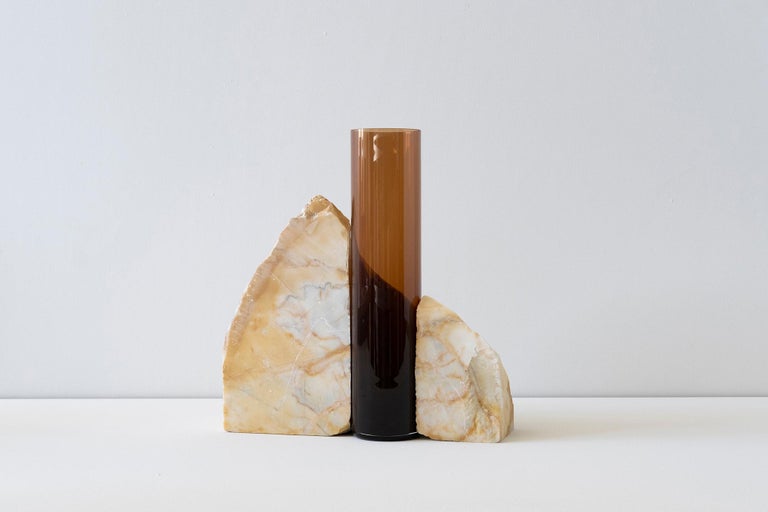 Modern Contemporary Vase, Giallo Siena Marble Brown Glass Cylinder, by Erik Olovsson For Sale