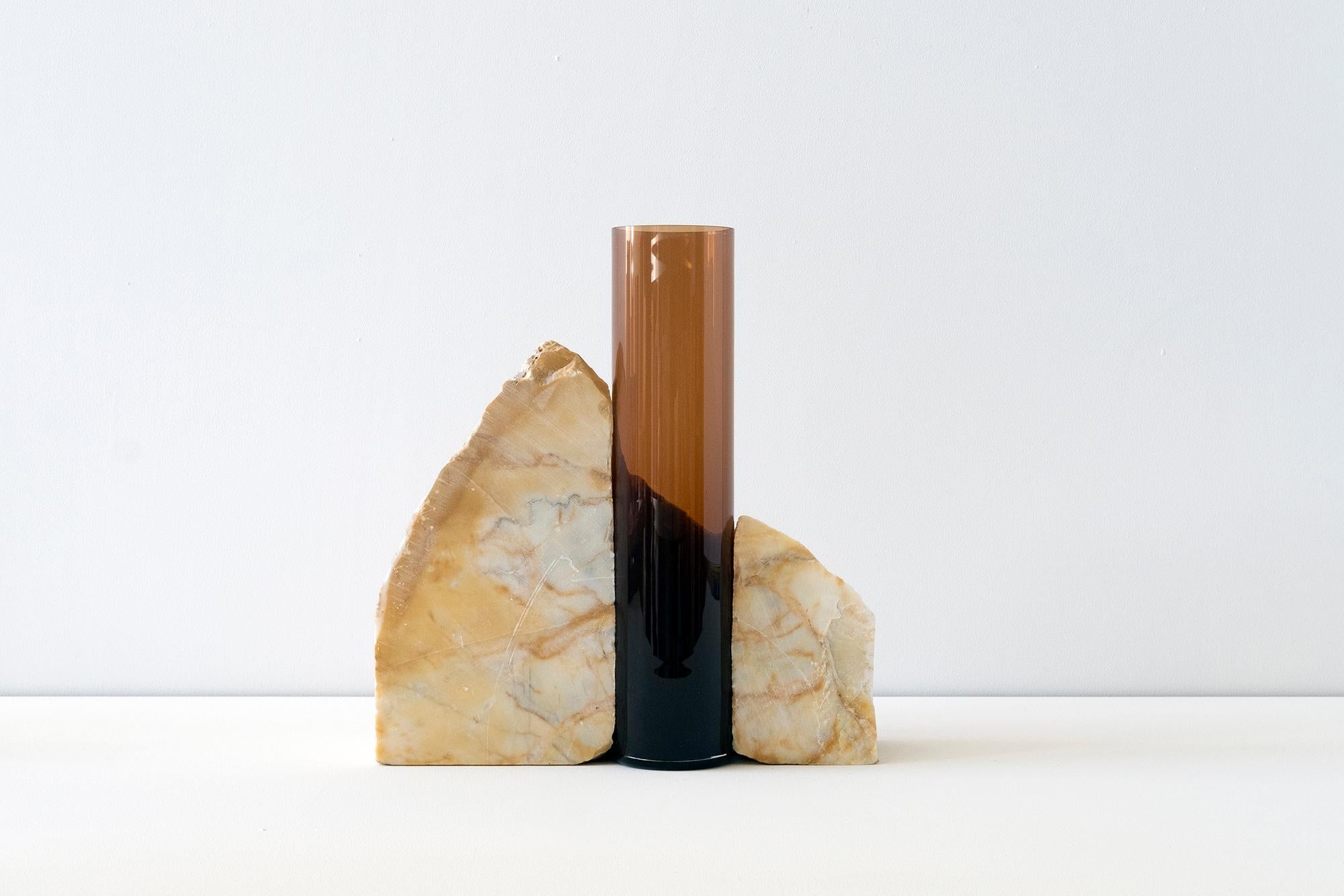 Italian Contemporary Vase, Giallo Siena Marble Brown Glass Cylinder, by Erik Olovsson For Sale
