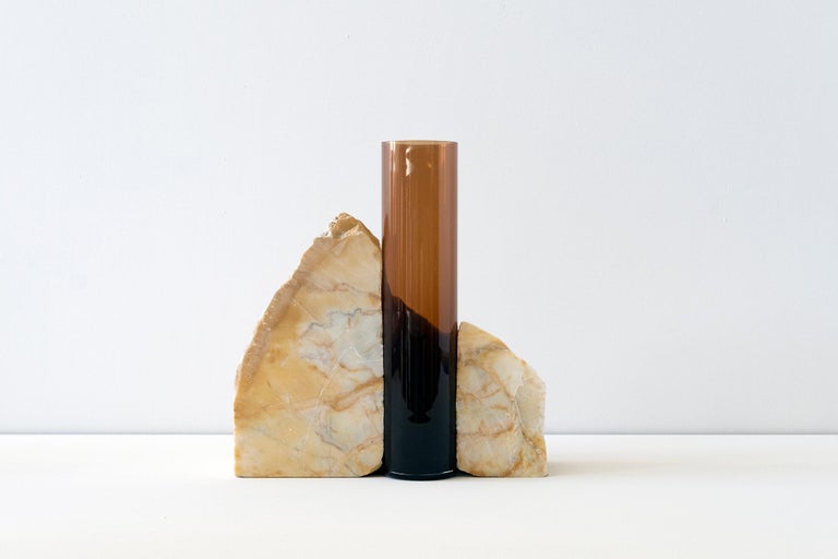 Italian Contemporary Vase, Giallo Siena Marble Brown Glass Cylinder, by Erik Olovsson For Sale