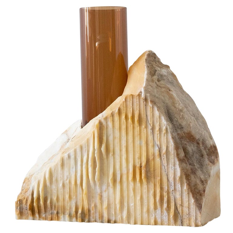 Contemporary Vase, Giallo Siena Marble Brown Glass Cylinder, by Erik Olovsson For Sale