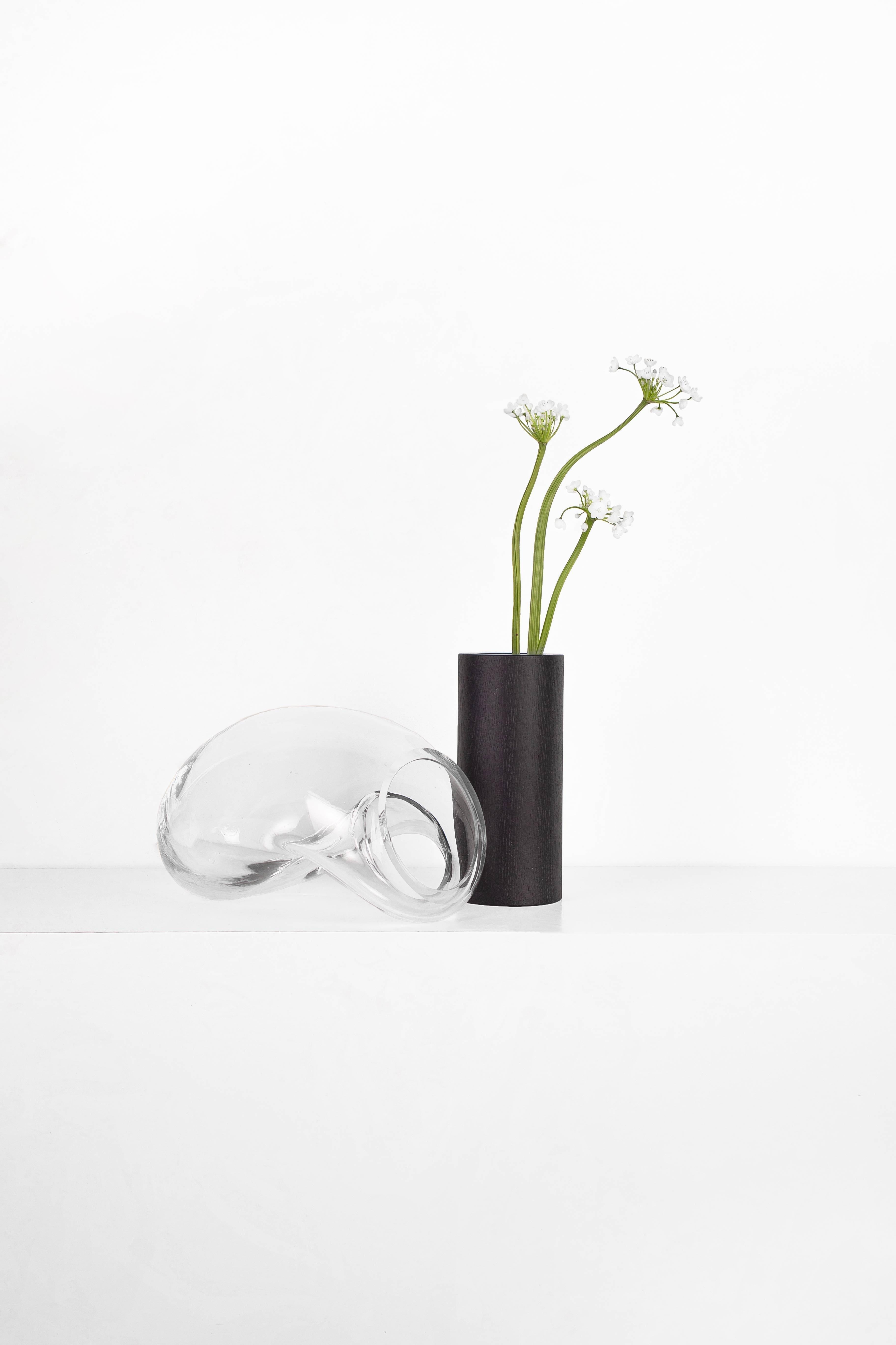 Hand-Crafted Contemporary Vase 'Gutta Boon CS1' by Noom, Large, Blown Glass and Oak Base For Sale