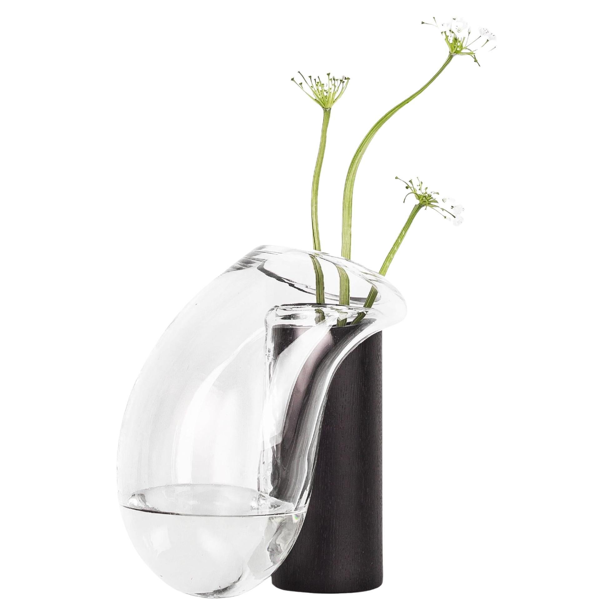 Contemporary Vase 'Gutta Boon CS1' by Noom, Large, Blown Glass and Oak Base For Sale