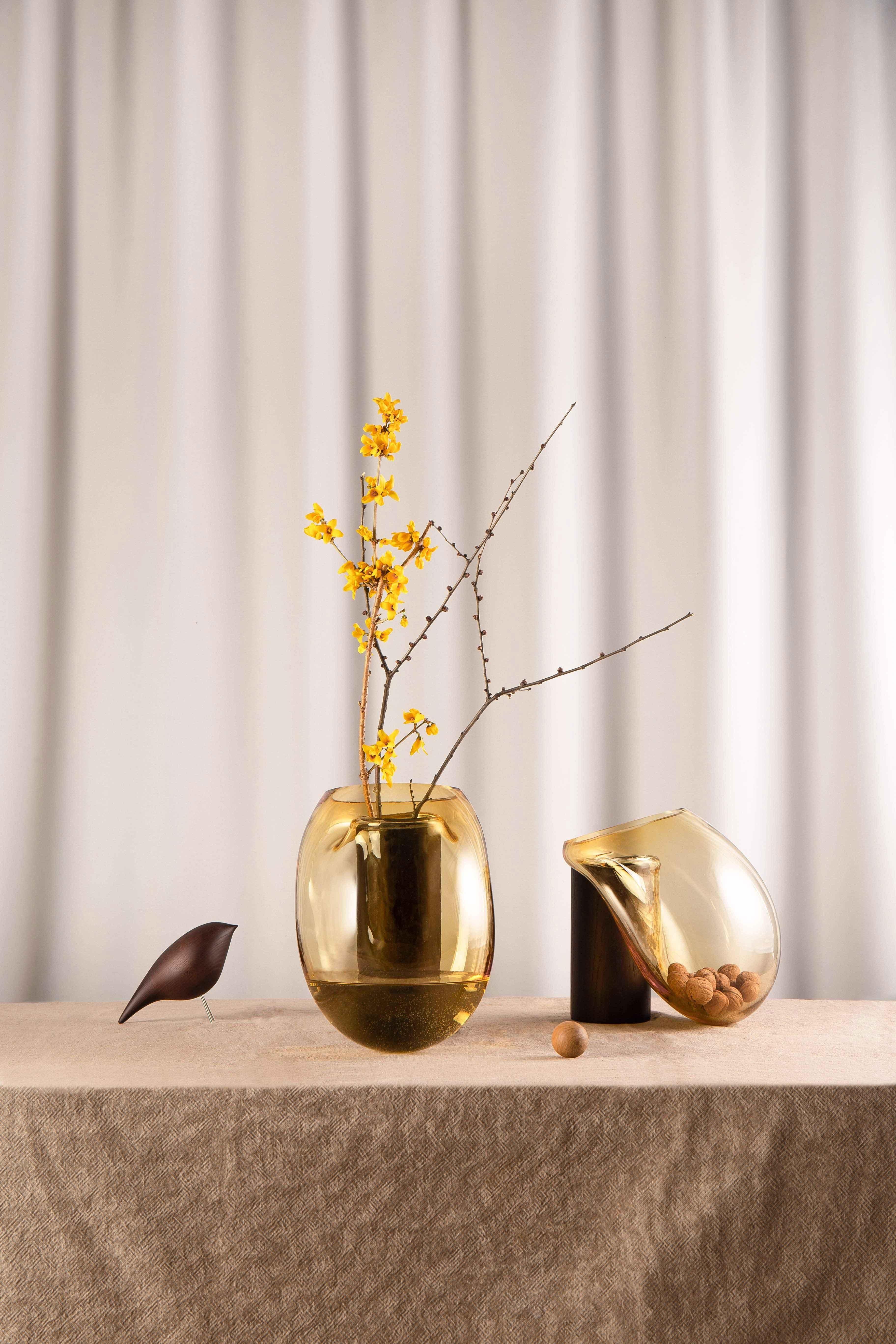 Ukrainian Contemporary Vase 'Gutta Boon CS2' by Noom, Large, Blown Amber Glass and Oak For Sale
