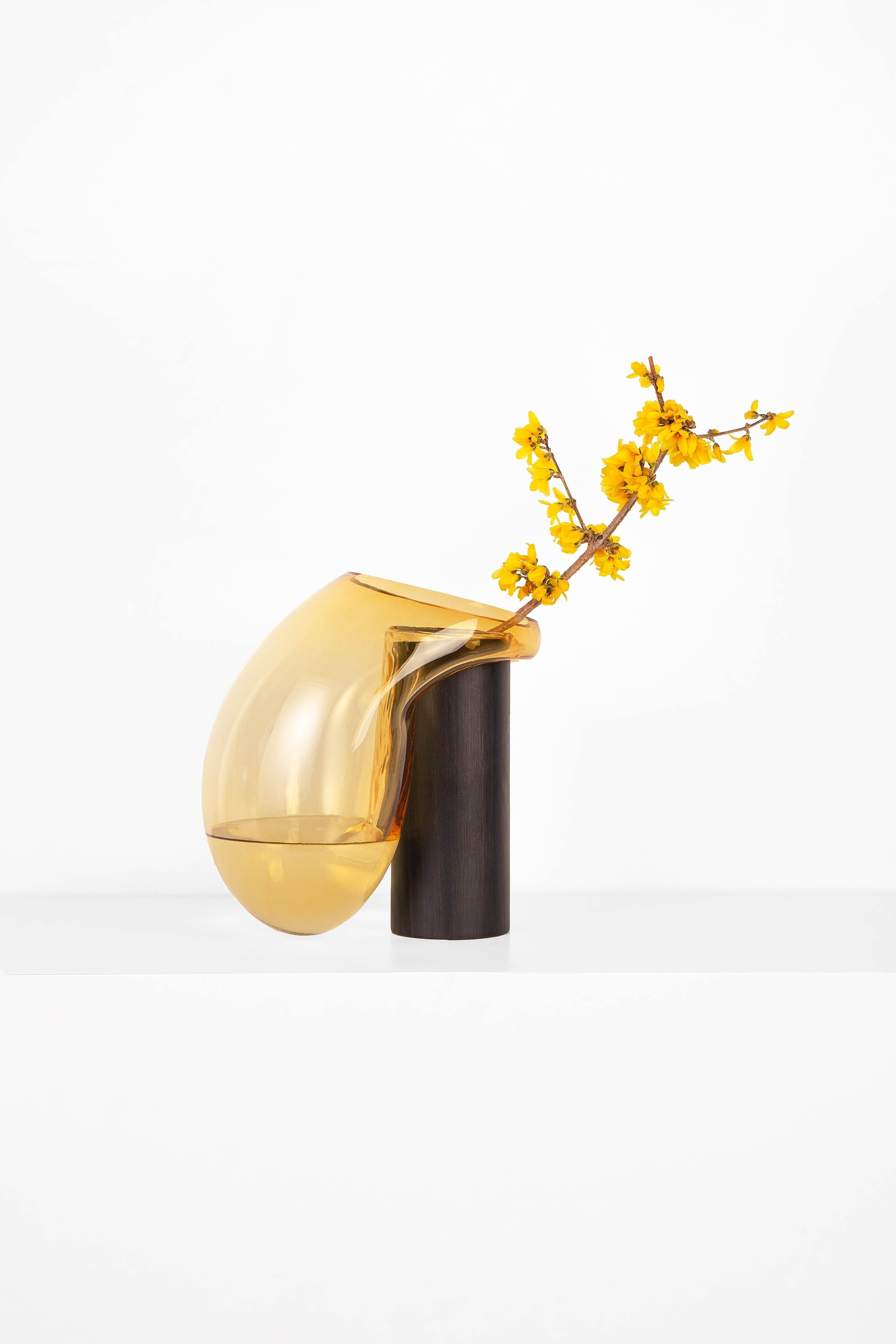 Hand-Crafted Contemporary Vase 'Gutta Boon CS2' by Noom, Large, Blown Amber Glass and Oak For Sale