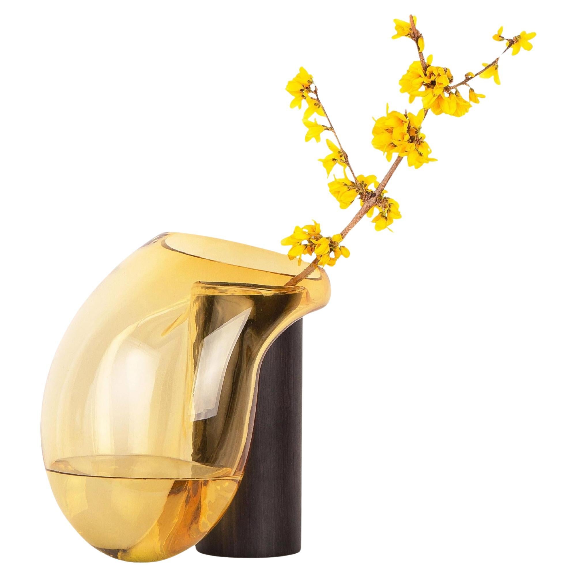 Contemporary Vase 'Gutta Boon CS2' by Noom, Large, Blown Amber Glass and Oak