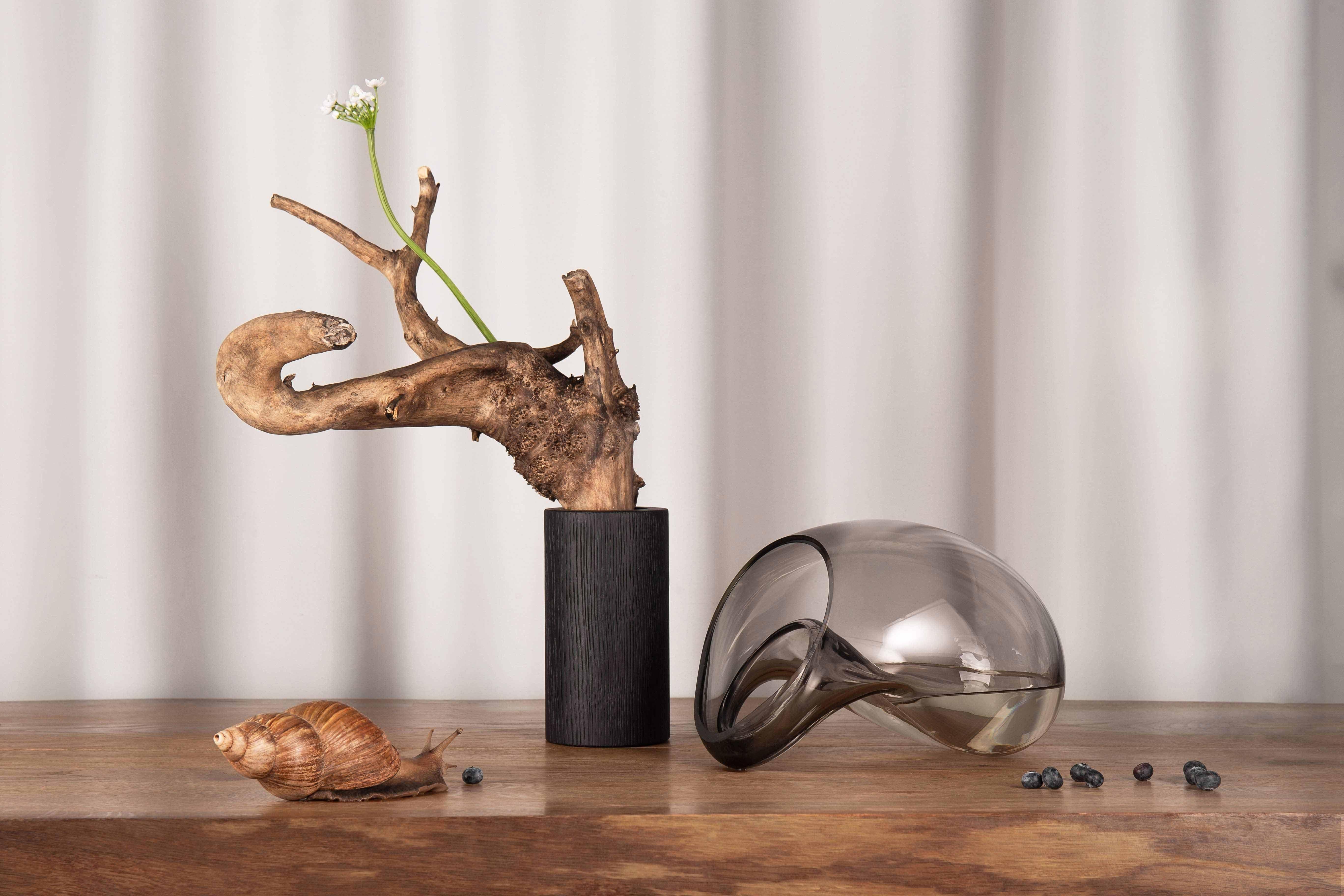 Ukrainian Contemporary Vase 'Gutta Boon CS3' by Noom, Large, Blown Grey Glass and Oak For Sale