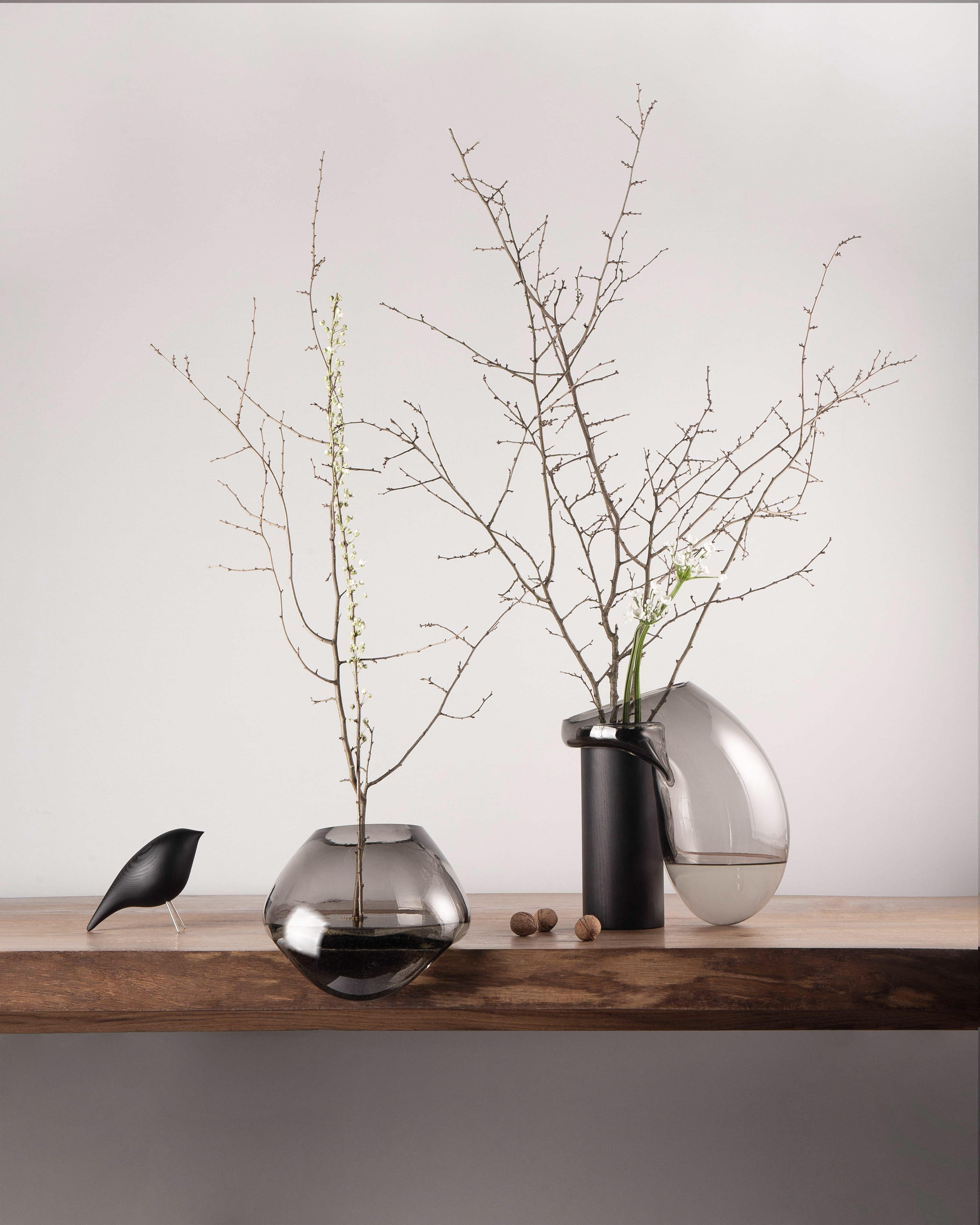 Contemporary Vase 'Gutta Boon CS3' by Noom, Large, Blown Grey Glass and Oak In New Condition For Sale In Paris, FR