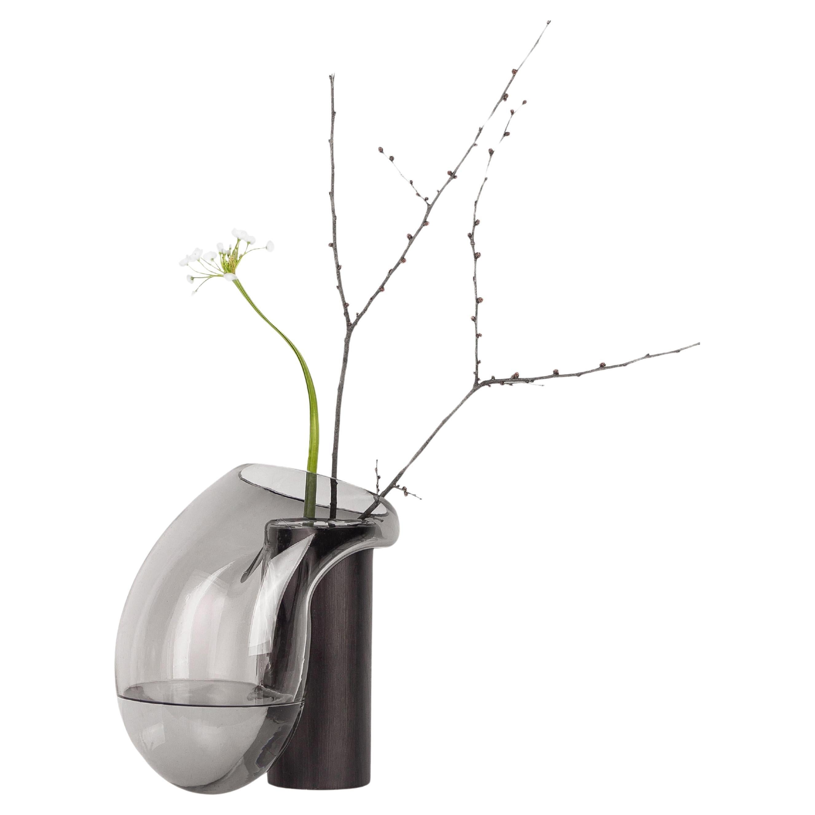 Contemporary Vase 'Gutta Boon CS3' by Noom, Large, Blown Grey Glass and Oak For Sale