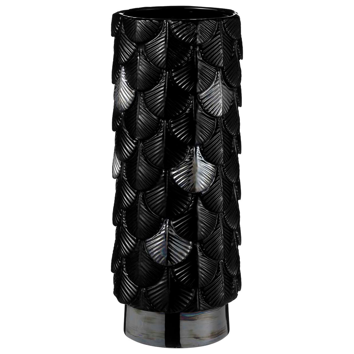 Contemporary Vase Hand Decorated with Black Gloss and Iridescent Plinth Enamels For Sale