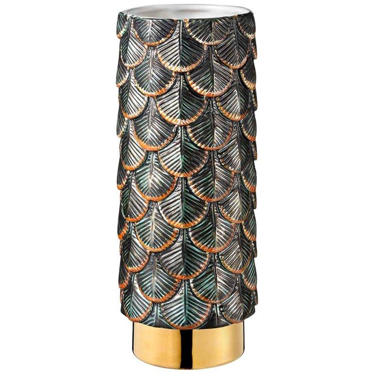 Italian Contemporary Vase Hand Decorated with Dark Green and Silver 24k Gold Enamels For Sale
