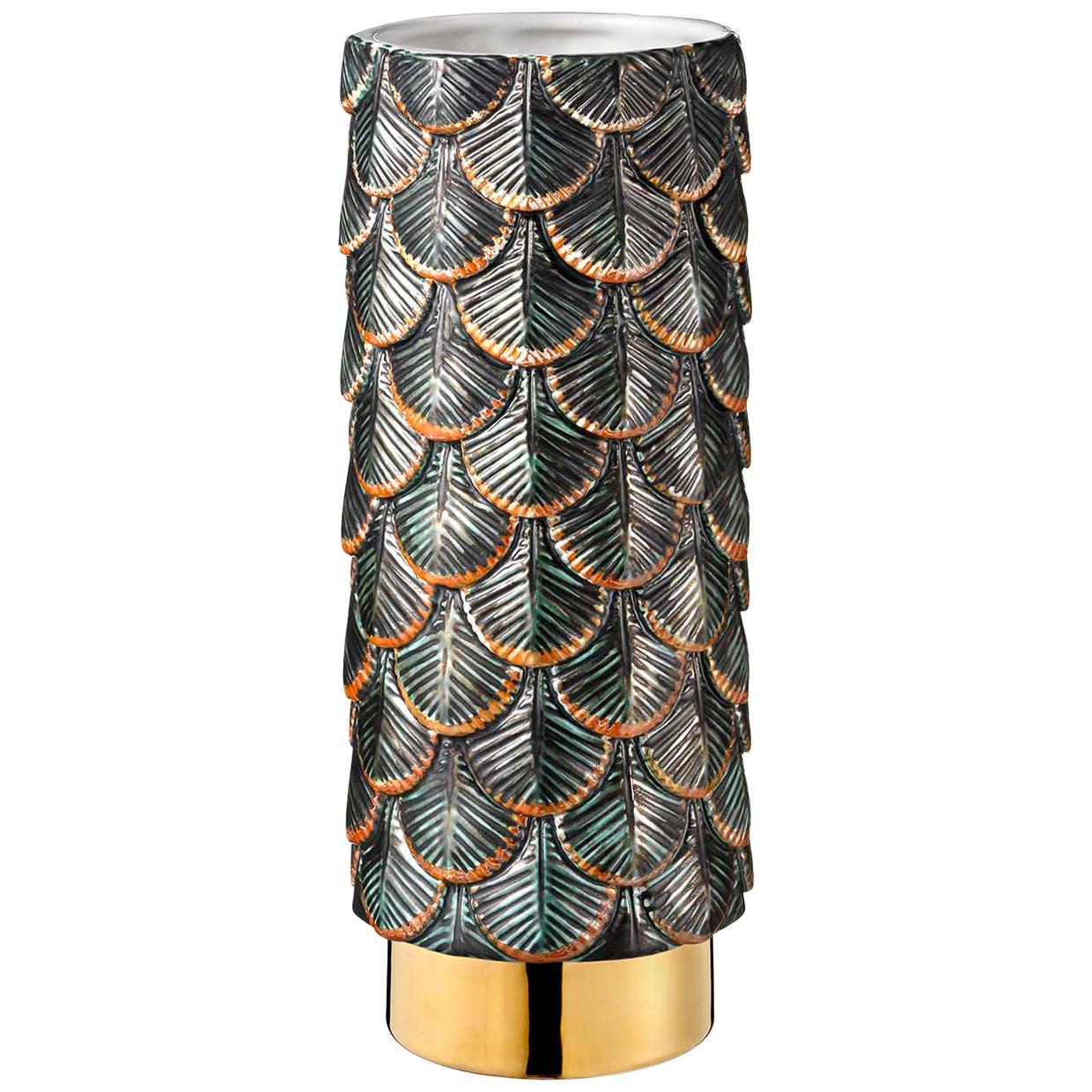 Contemporary Vase Hand Decorated with Dark Green and Silver 24k Gold Enamels For Sale