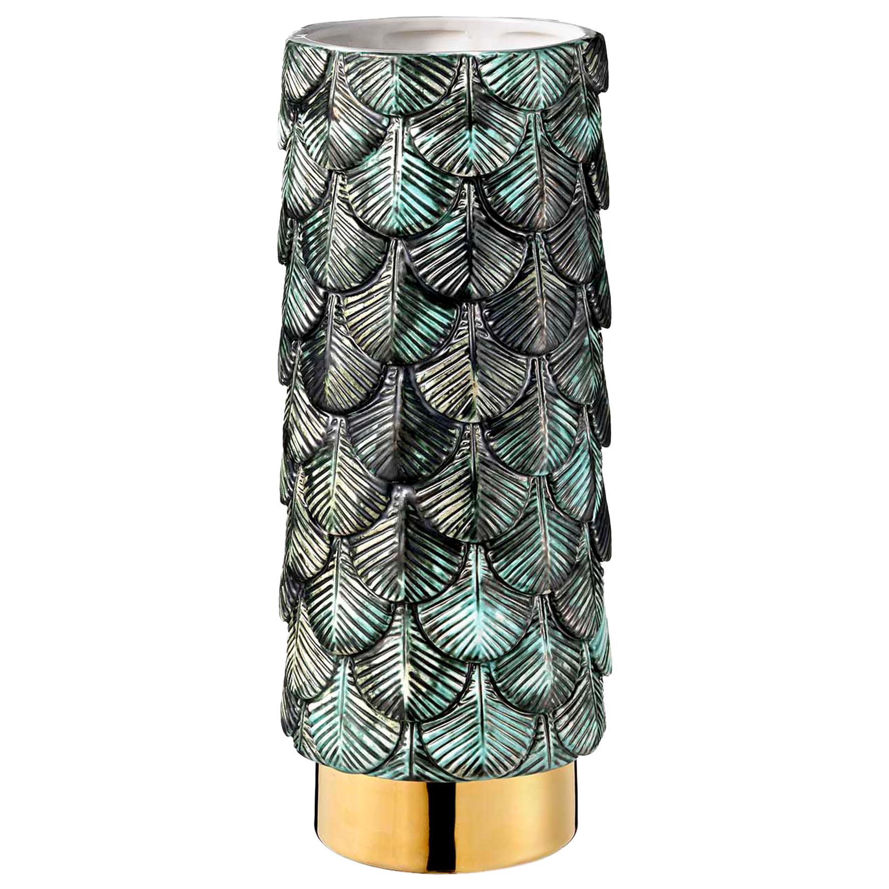 Contemporary Vase Hand Decorated with Malachite, Silver & 24-Karat Gold Enamels For Sale