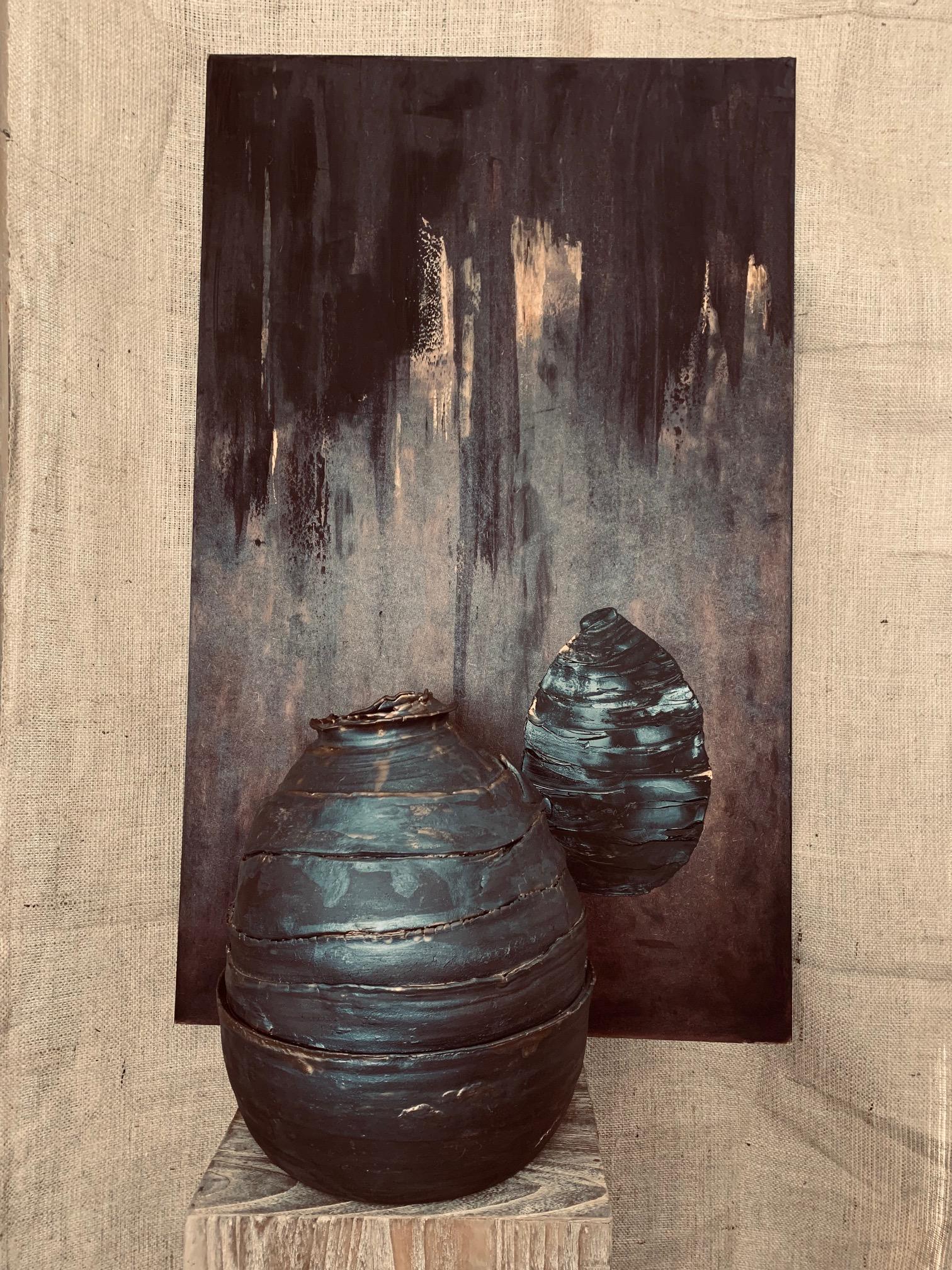 Contemporary Ceramic Vase, 21 Century Designed by Iris Miller (מילר) Assulin 
Hand made, black clay Vase burned in electirc Kiln at 1200 degrees, painted with bronze glazing
Approx 40n cm height 
Approx 30 cm width 

Contemporary Painting, 21