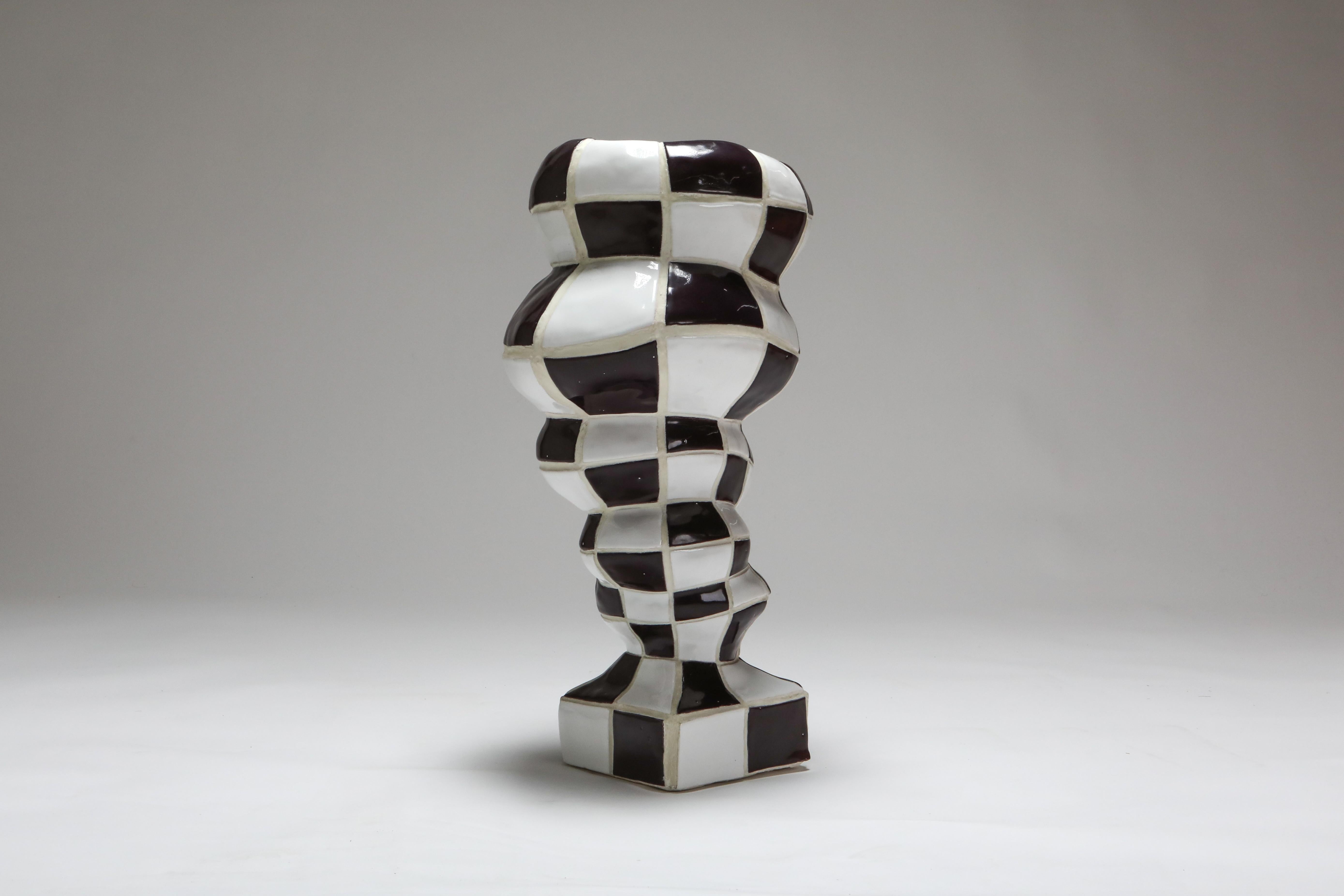 Organic Modern Ceramic checkered Vase 'Pothole portal vex' by touche-touche