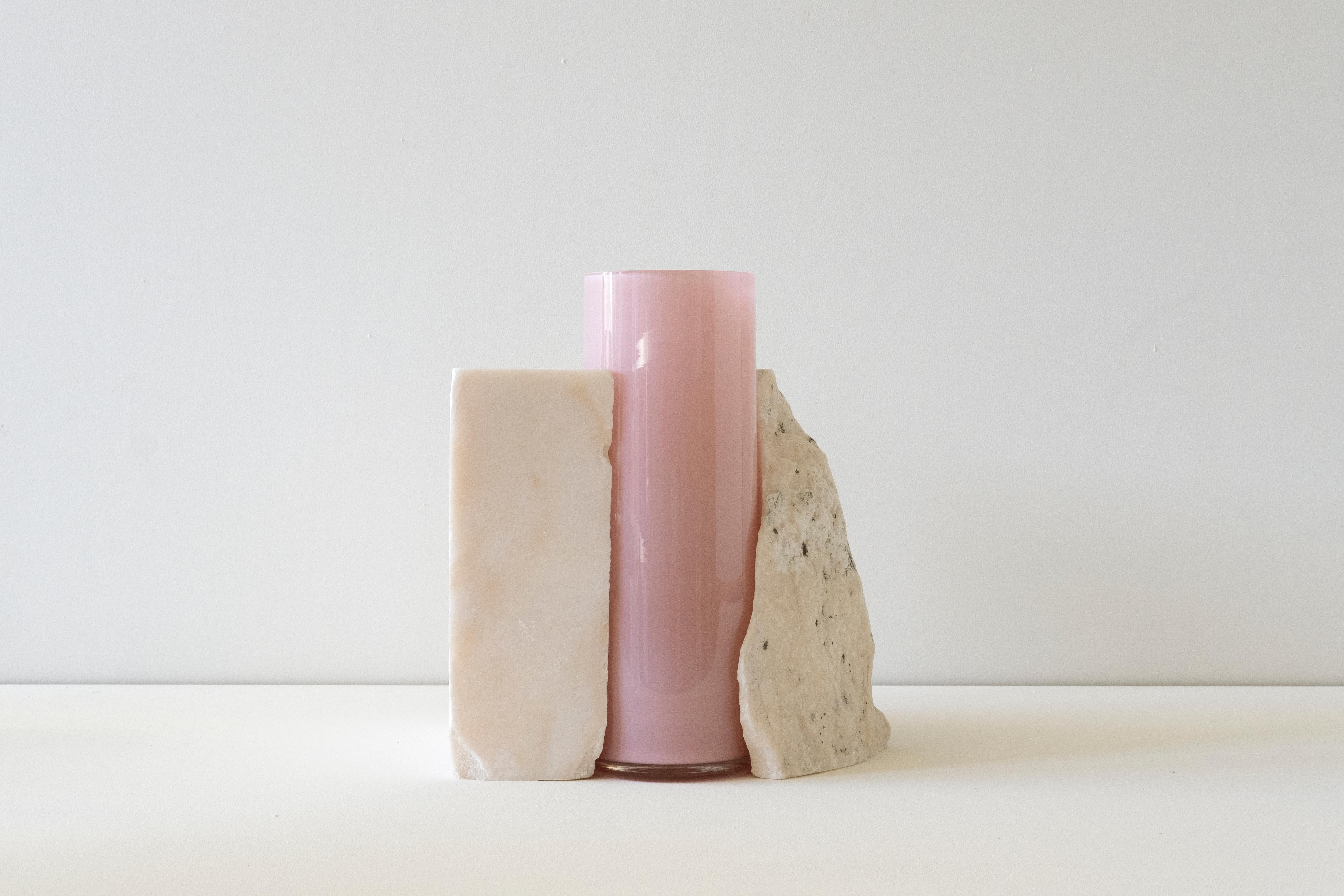 Modern Contemporary Vase, Rosa Portogallo marble and Glass Cylinder, by Erik Olovsson For Sale