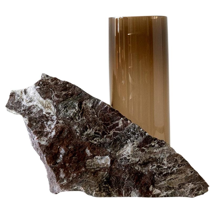 Contemporary Vase, Viola Arabescato Marble Brown Glass Cylinder by Erik Olovsson For Sale