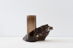 Contemporary Vase, Viola Arabescato Marble Brown Glass Cylinder by Erik Olovsson