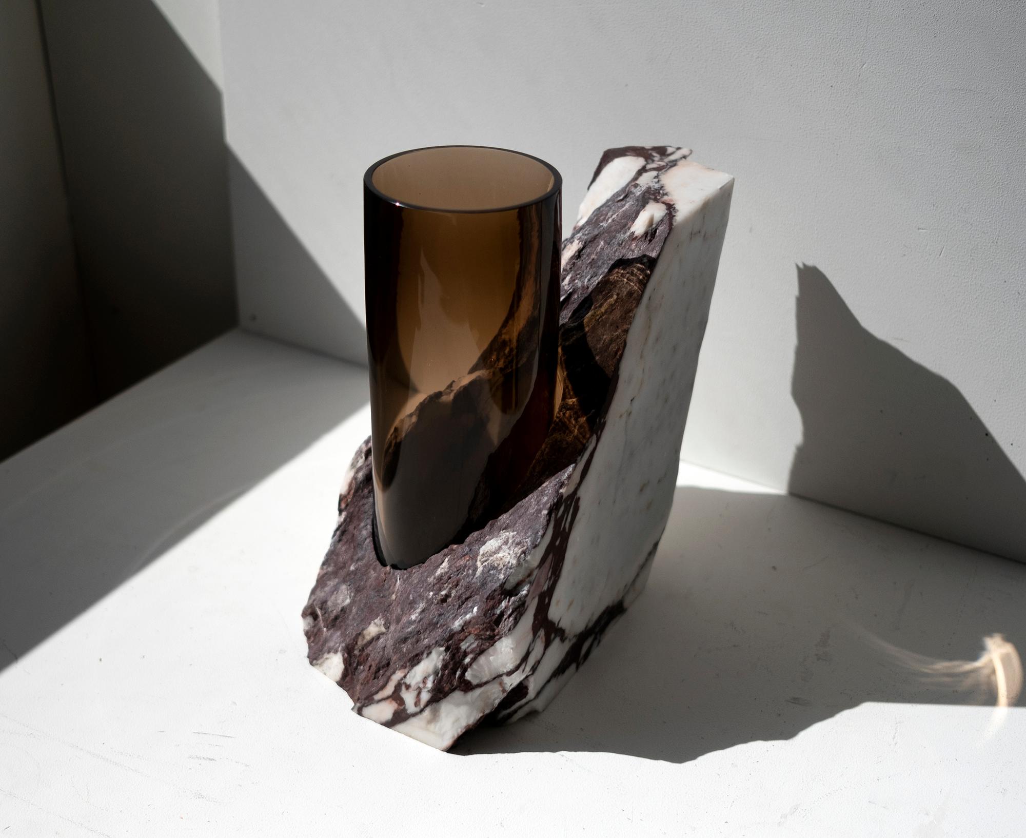 Contemporary Vase, Arabescato Viola Marble Brown Glass Cylinder by Erik Olovsson In New Condition In Stockholm, SE