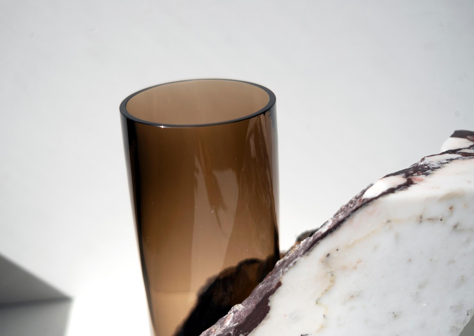 Contemporary Vase, Arabescato Viola Marble Brown Glass Cylinder by Erik Olovsson In New Condition In Stockholm, SE