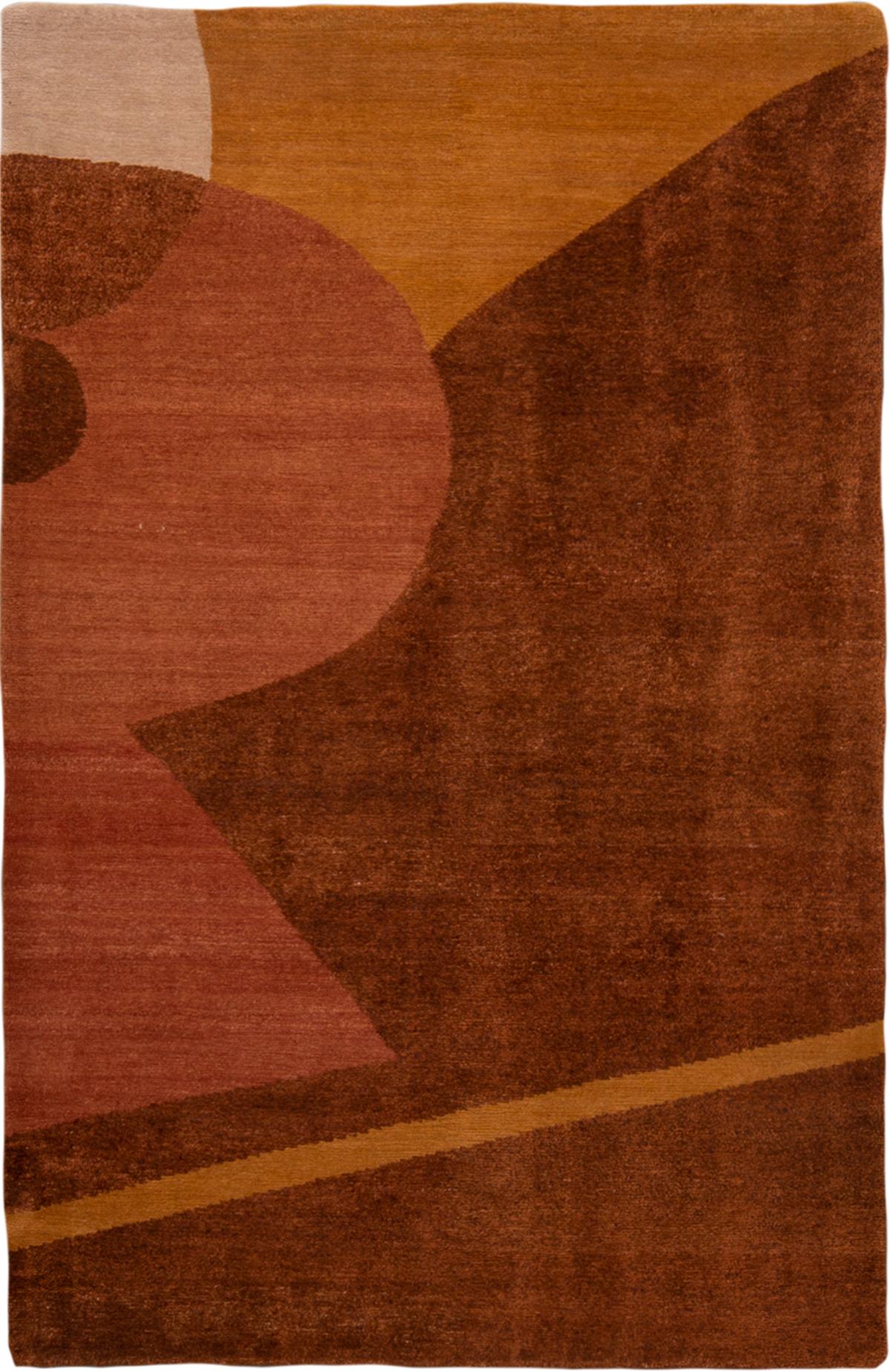 Originating from Nepal, this contemporary wool and silk rug features a geometric Vegas design, characterized through a unique combination of overlapping shapes and textures. Hand knotted in high quality wool and luminous silk, each hue of brown,