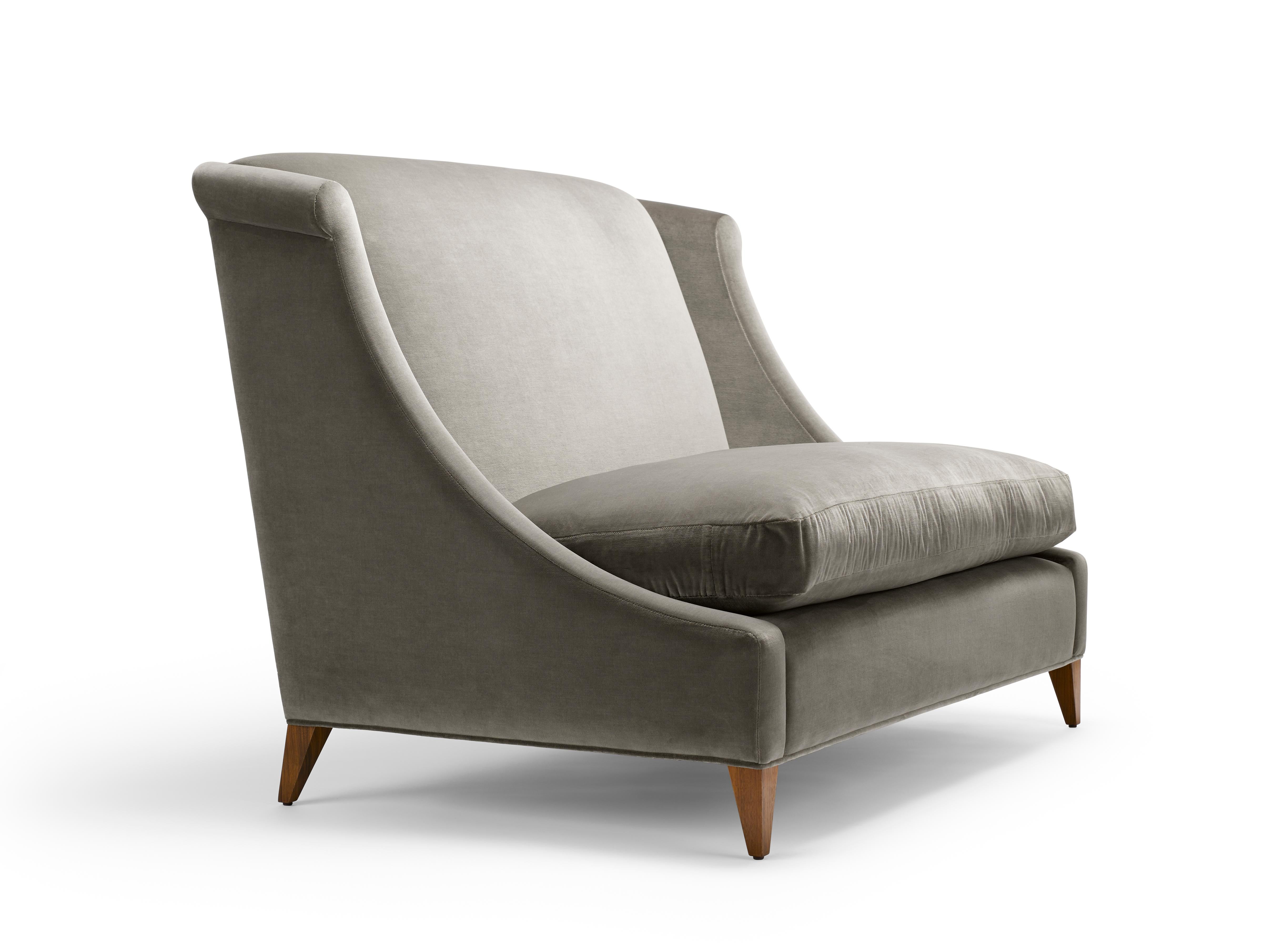 Modern Contemporary Vegas Sofa upholstered in Mark Alexander Velvet with walnut legs For Sale