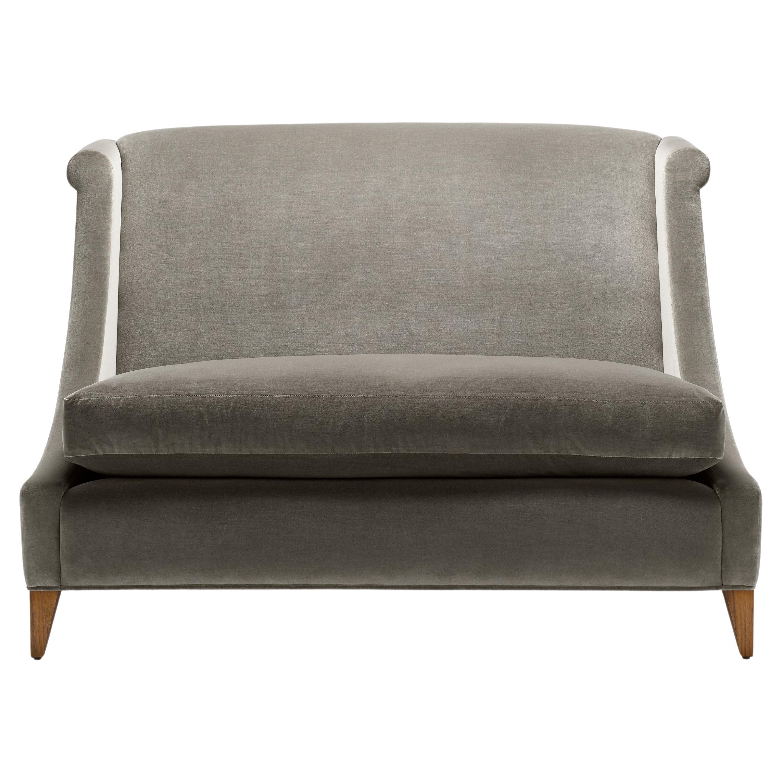 Contemporary Vegas Sofa upholstered in Mark Alexander Velvet with walnut legs For Sale