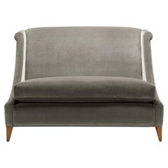 Contemporary Vegas Sofa upholstered in Mark Alexander Velvet with walnut legs