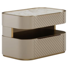 Contemporary Velara Bedside Table With Gold Details and Beige Lacquer