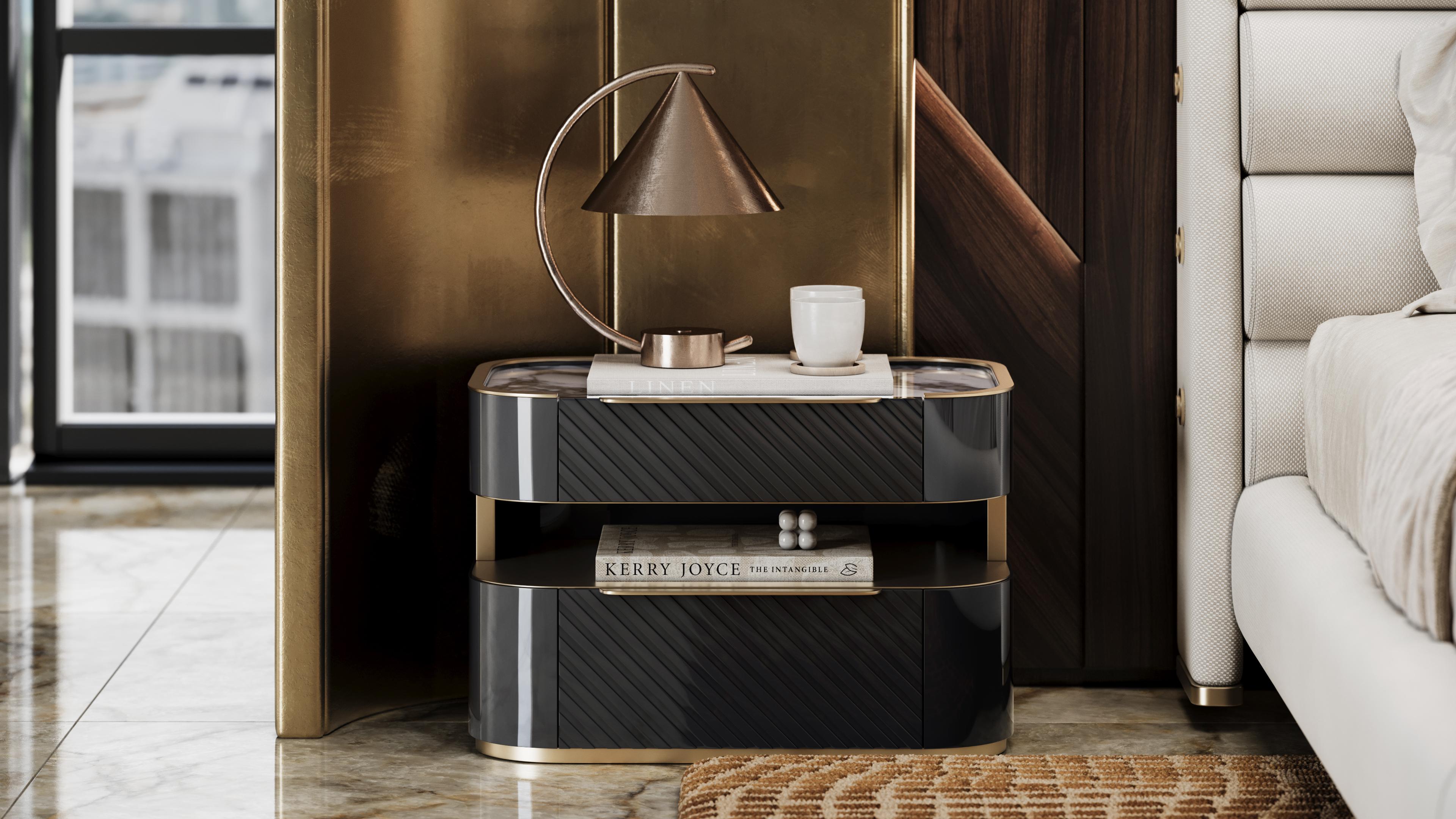 Portuguese Contemporary Velara Bedside Table With Gold Details and Marble Top For Sale
