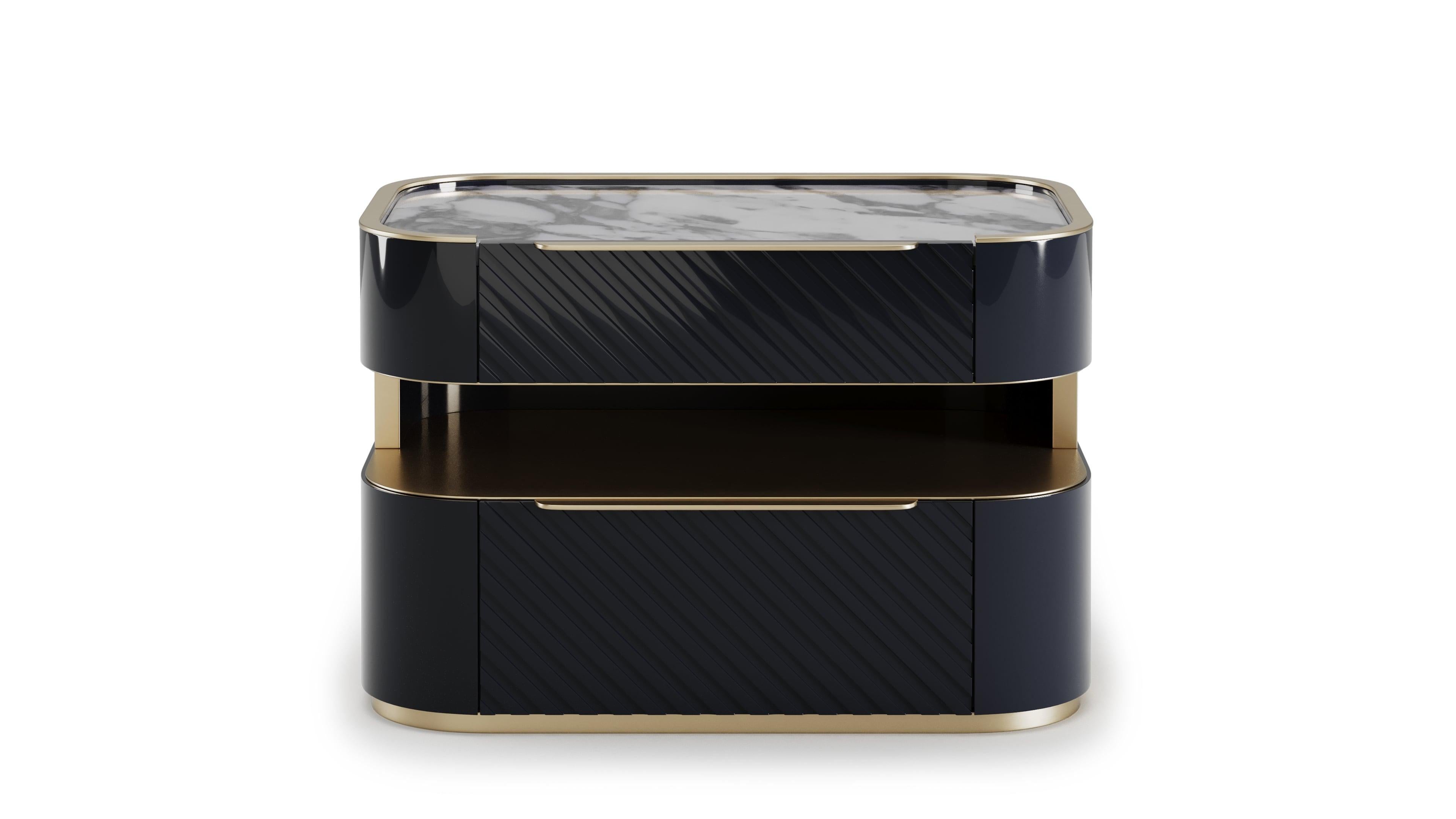 Brushed Contemporary Velara Bedside Table With Gold Details and Marble Top For Sale