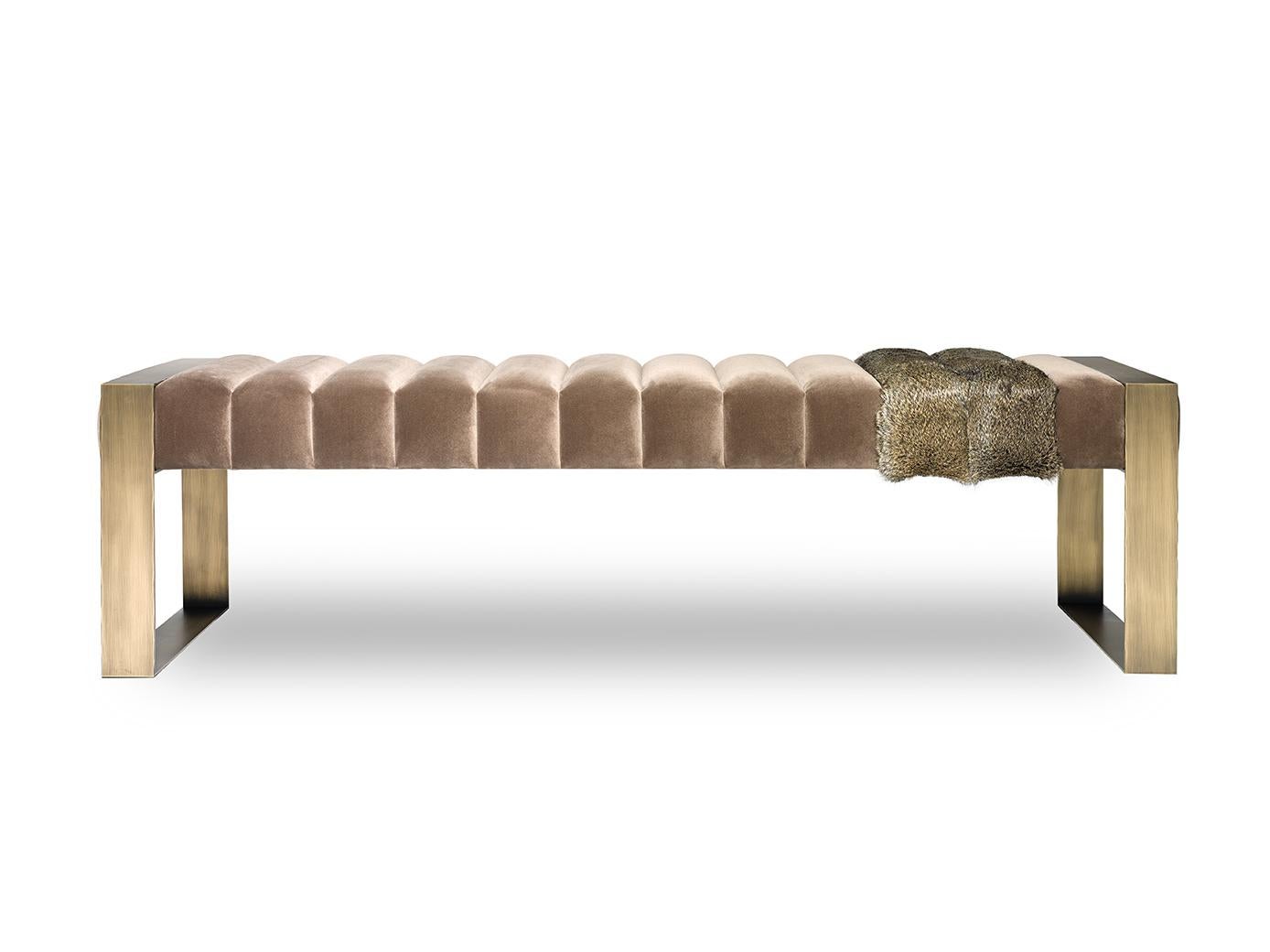 Contemporary bench is a statement design piece. The design is inspired by the pieces clear horizontal lines and stability that the stripes and open structure provides. This bench is a contemporary upholstered piece with an interesting twist of two