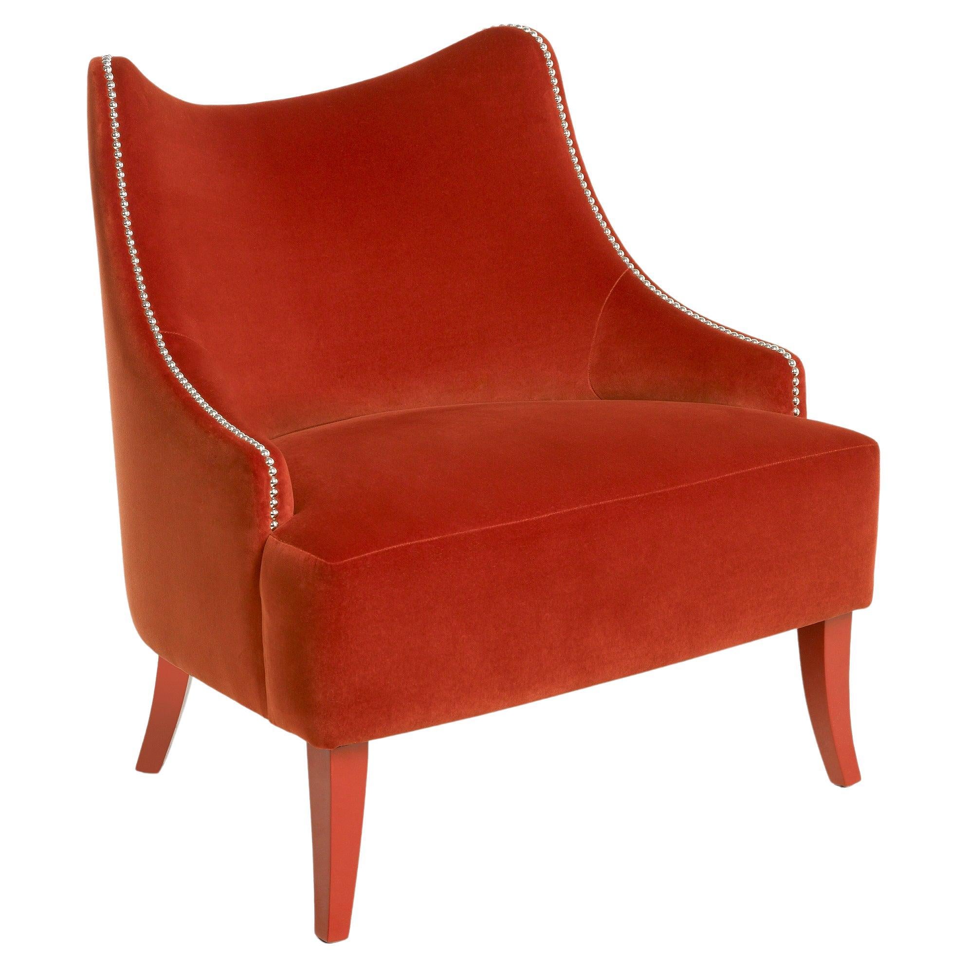 Contemporary Velvet Armchair Offered With Nails On The Curve & Back For Sale
