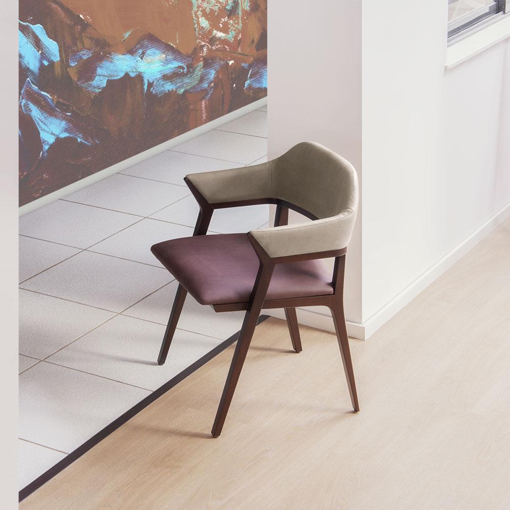 Portuguese Contemporary Velvet Dining Armchair with Solid Wood Frame In Walnut Finish For Sale
