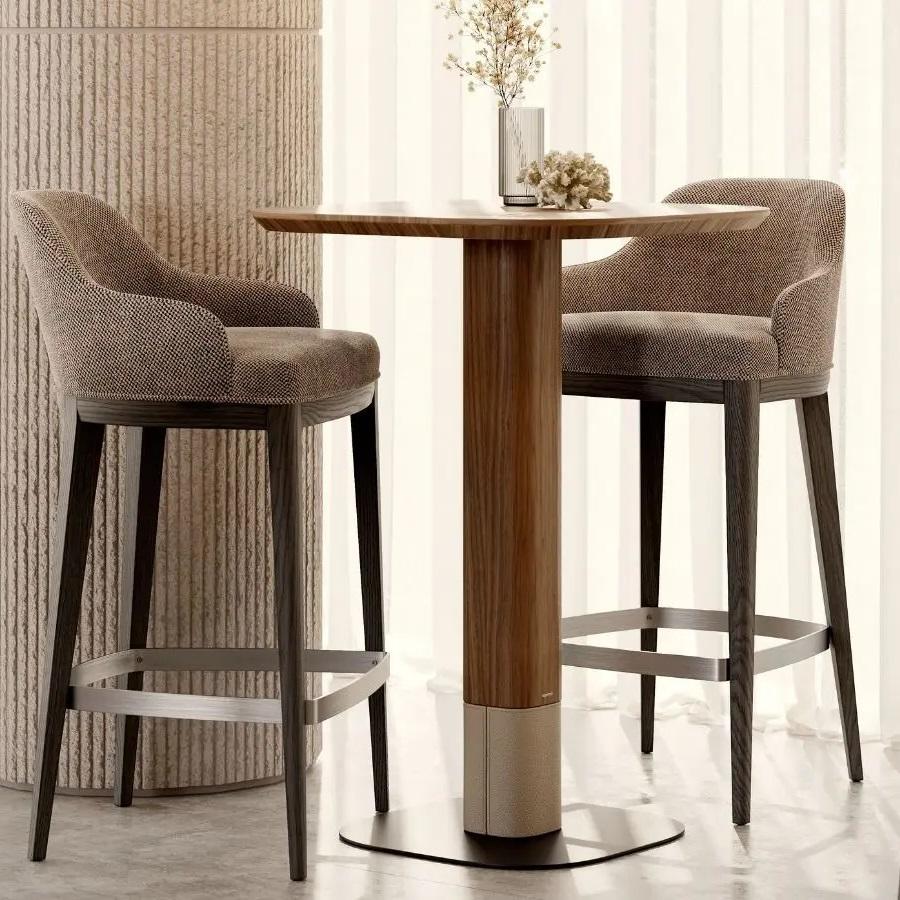 Portoghese Contemporary Velvet Stool on Solid Wood Base and Metal Footrest in vendita
