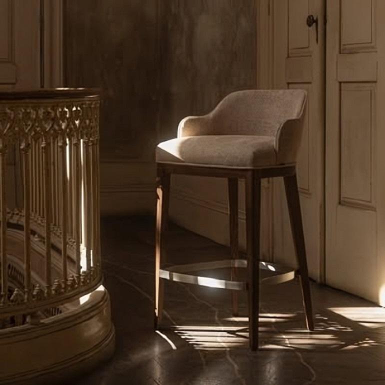 Contemporary Velvet Stool on Solid Wood Base and Metal Footrest In condizioni Nuovo in vendita a NEW YORK, NY
