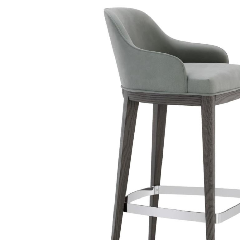 XXI secolo e contemporaneo Contemporary Velvet Stool on Solid Wood Base and Metal Footrest in vendita