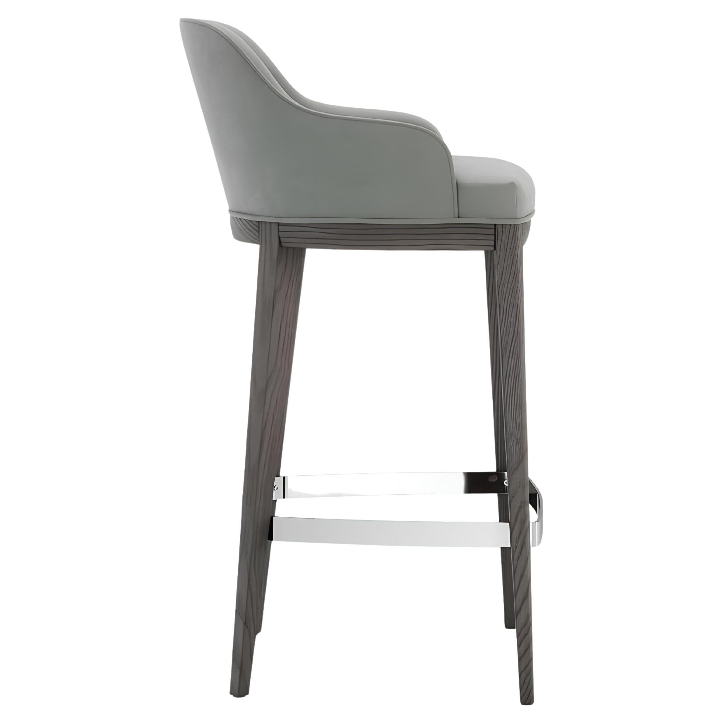 Contemporary Velvet Stool on Solid Wood Base and Metal Footrest in vendita