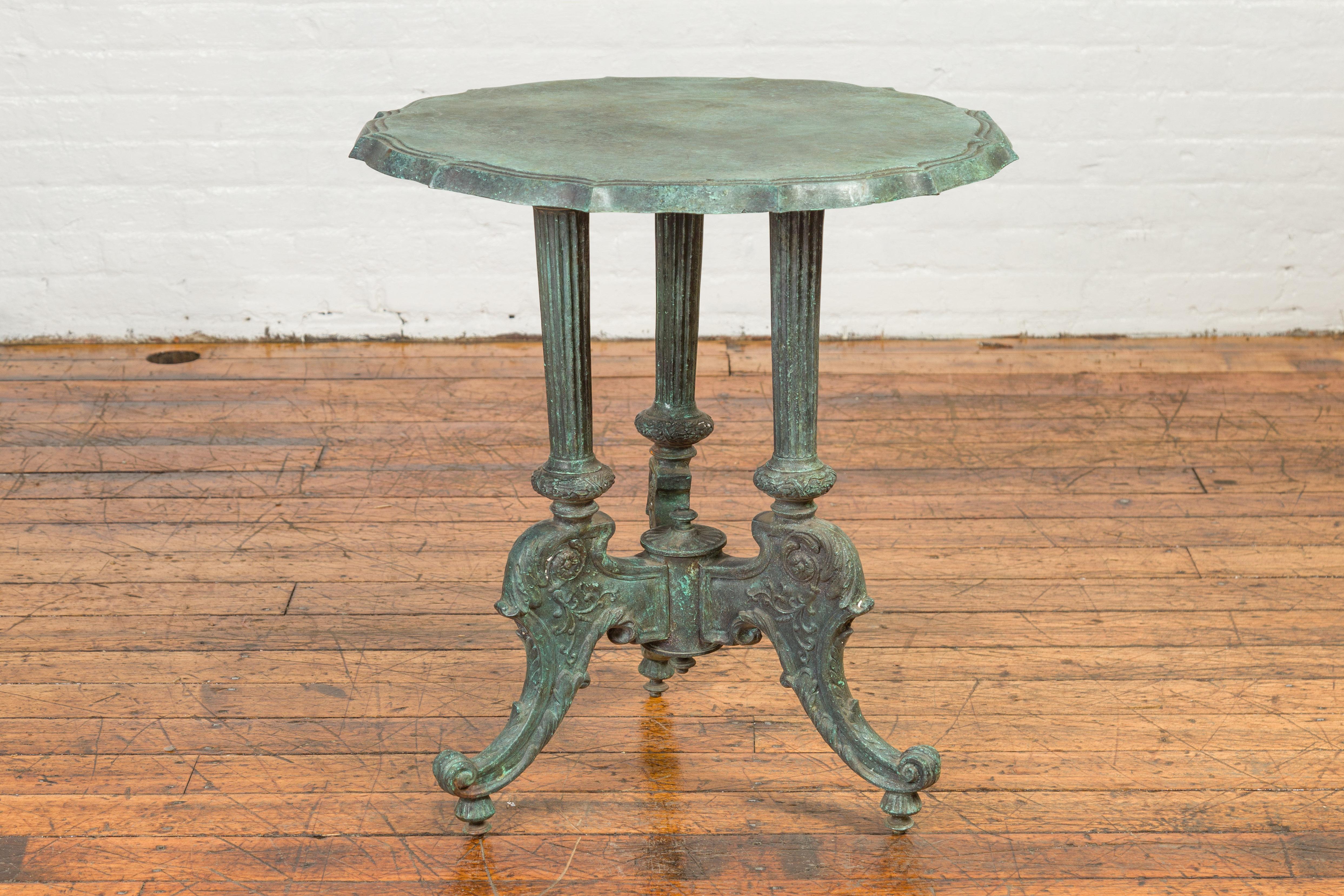Cast Classical Verde Bronze Round Pie Crust Top Table with Fluted Legs, Tripod Base